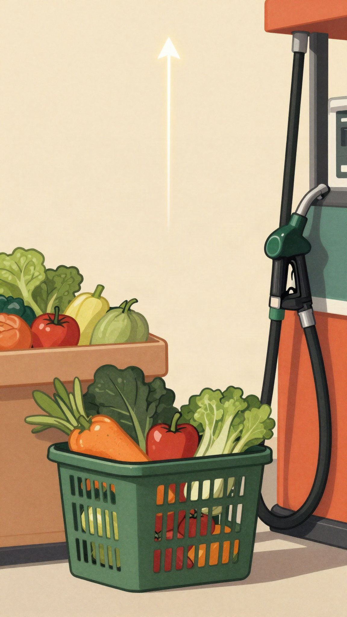 Illustration : panier de marché et pompe à essence, la hausse des prix