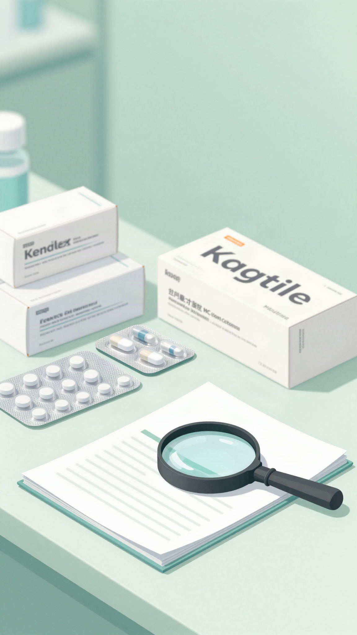 Illustration : boîtes de médicaments et brochure sous une loupe