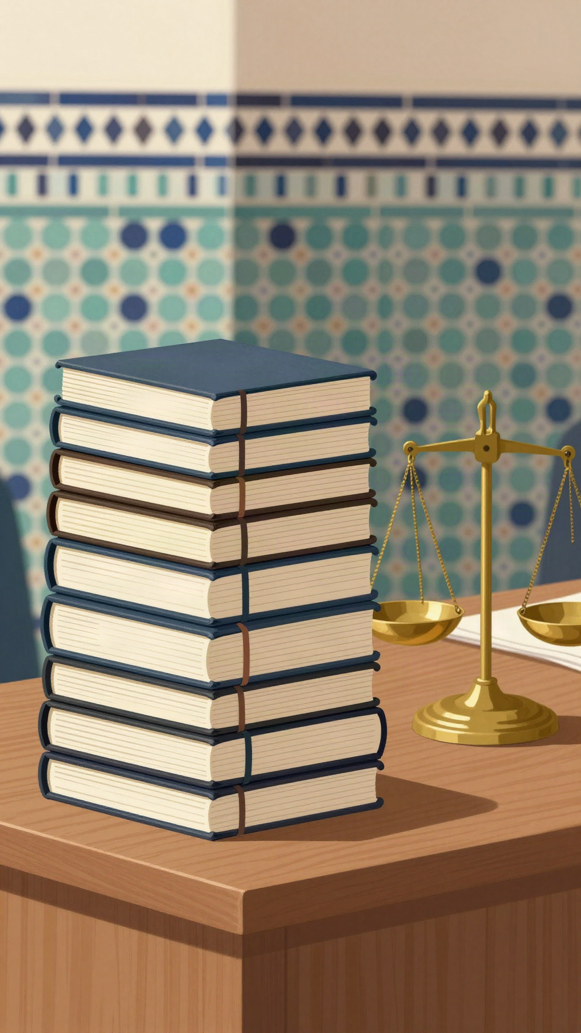 Registres et balance sur un bureau, illustration des finances publiques