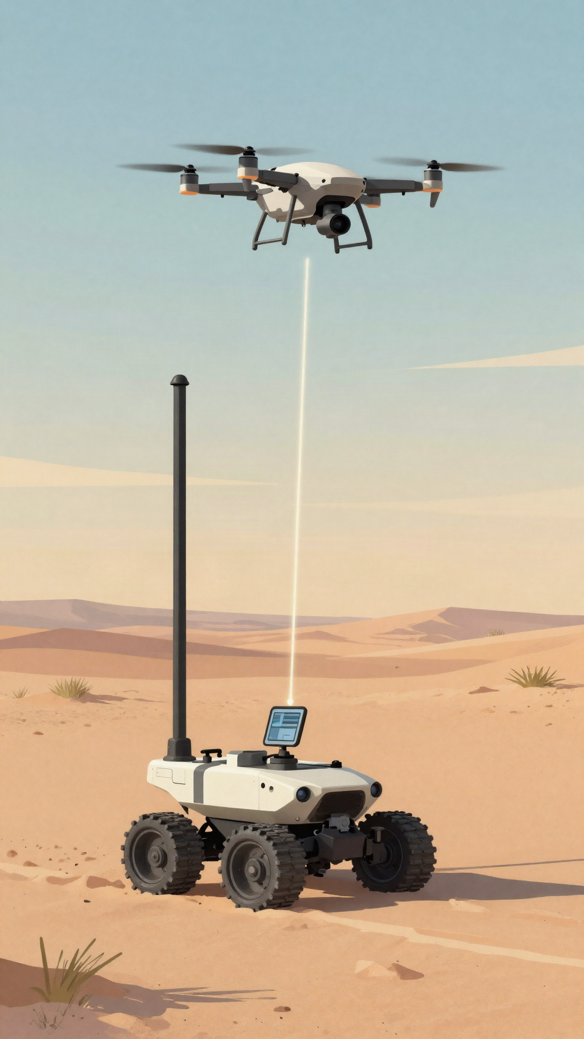Un drone et un robot terrestre reliés sur une piste, illustration