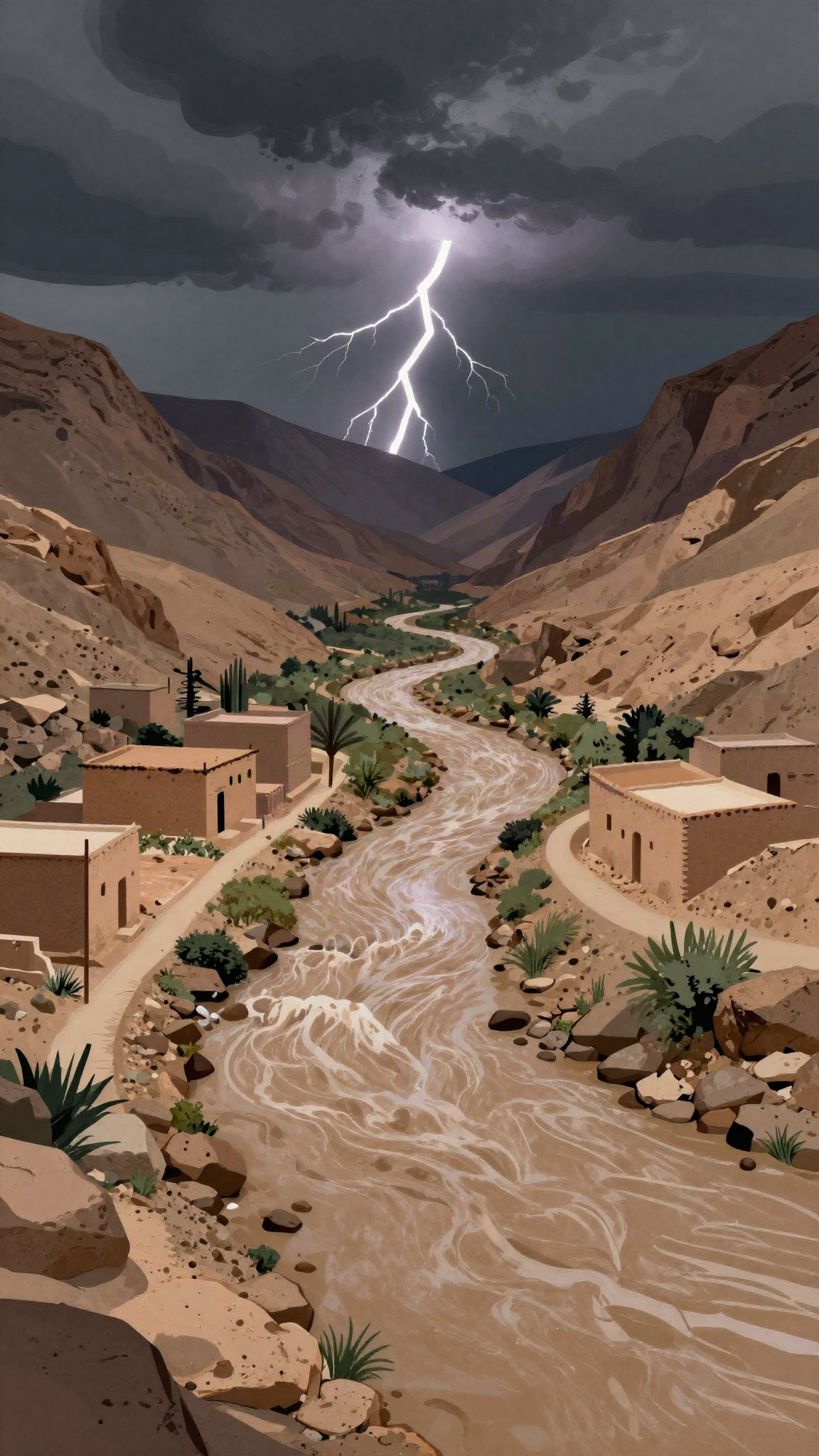 Illustration : un orage et une crue dans une vallée du sud