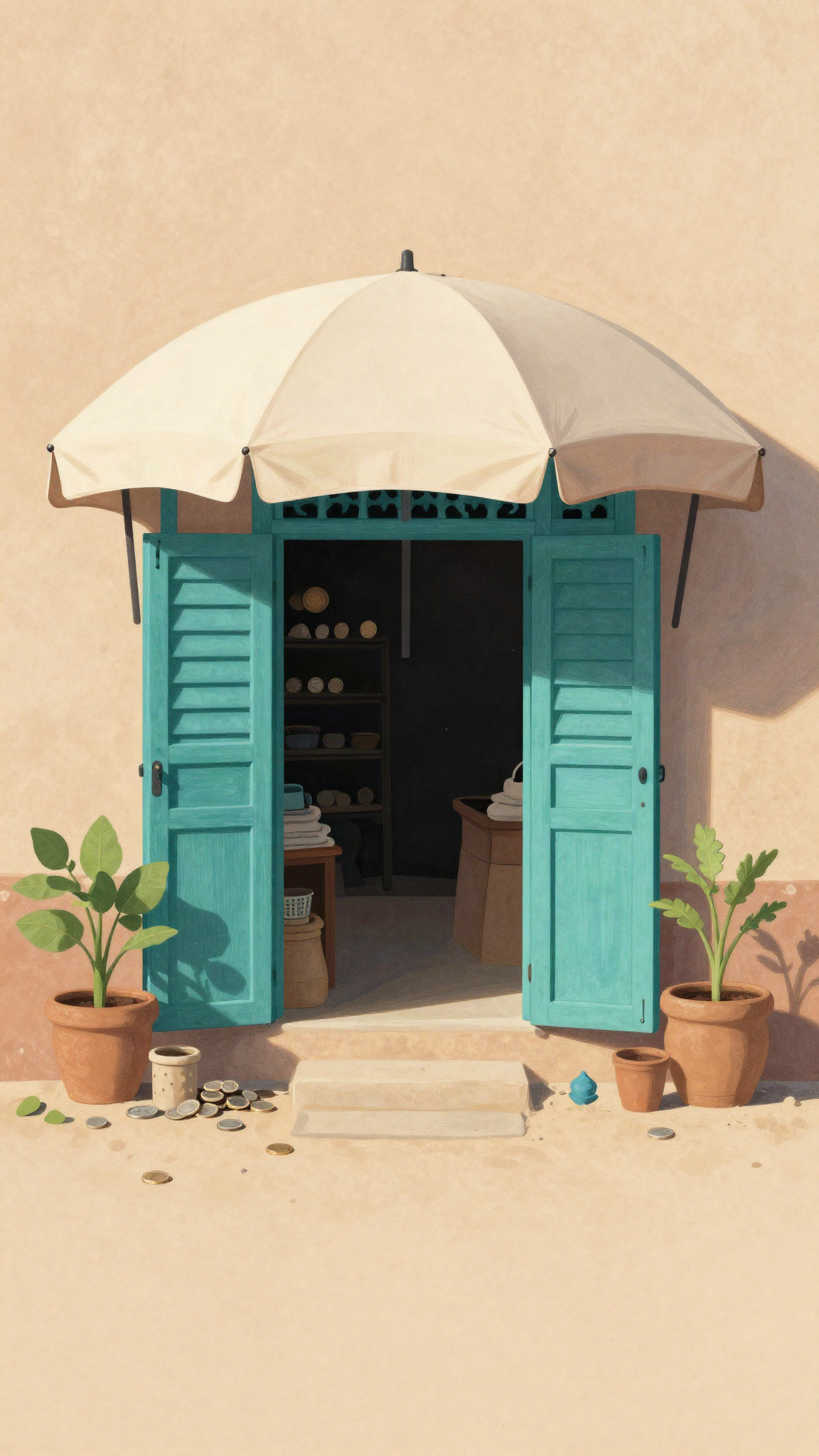 Illustration : un petit atelier marocain abrité par un parapluie