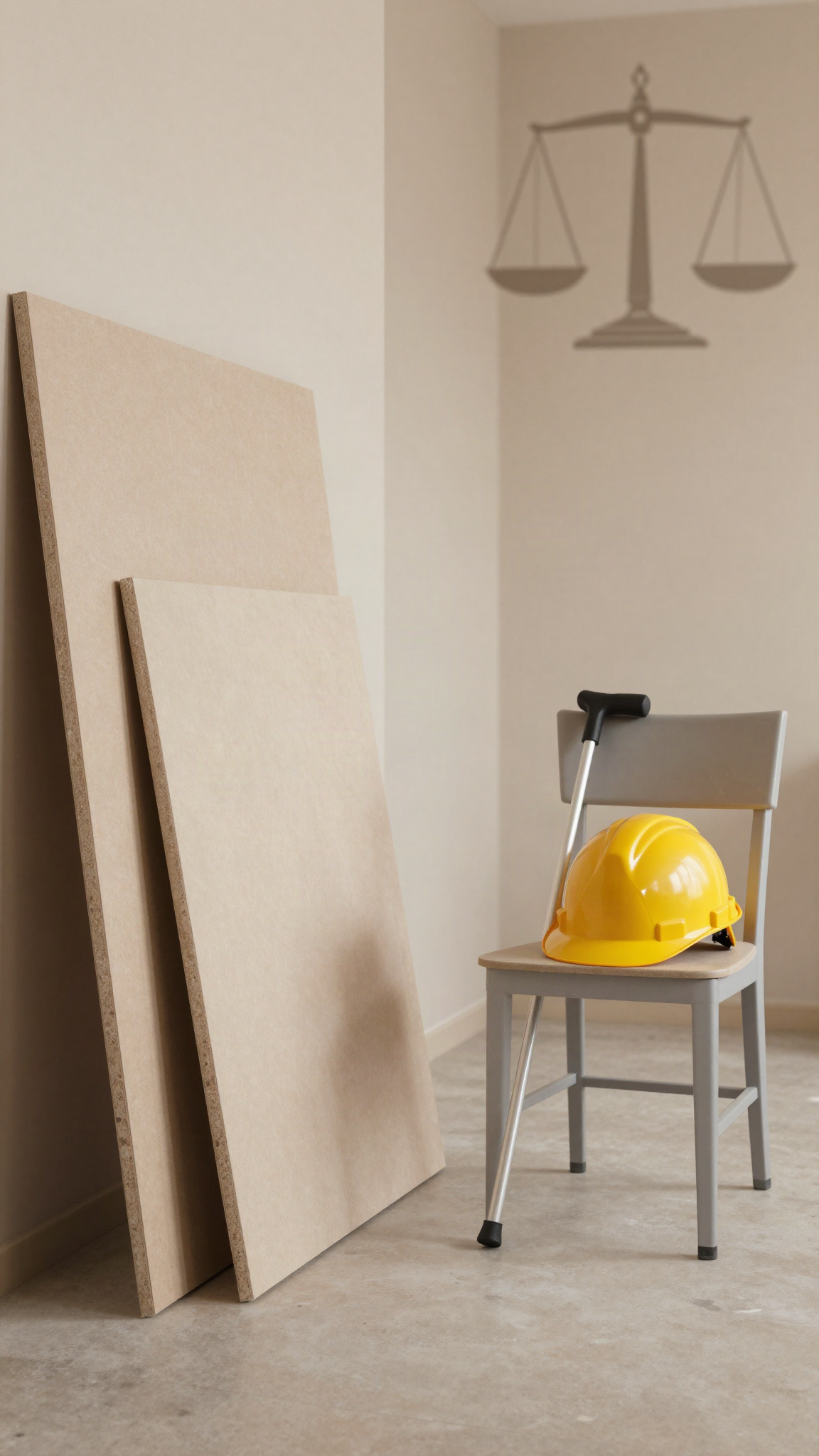 Chantier vide, casque et canne, balance de la justice