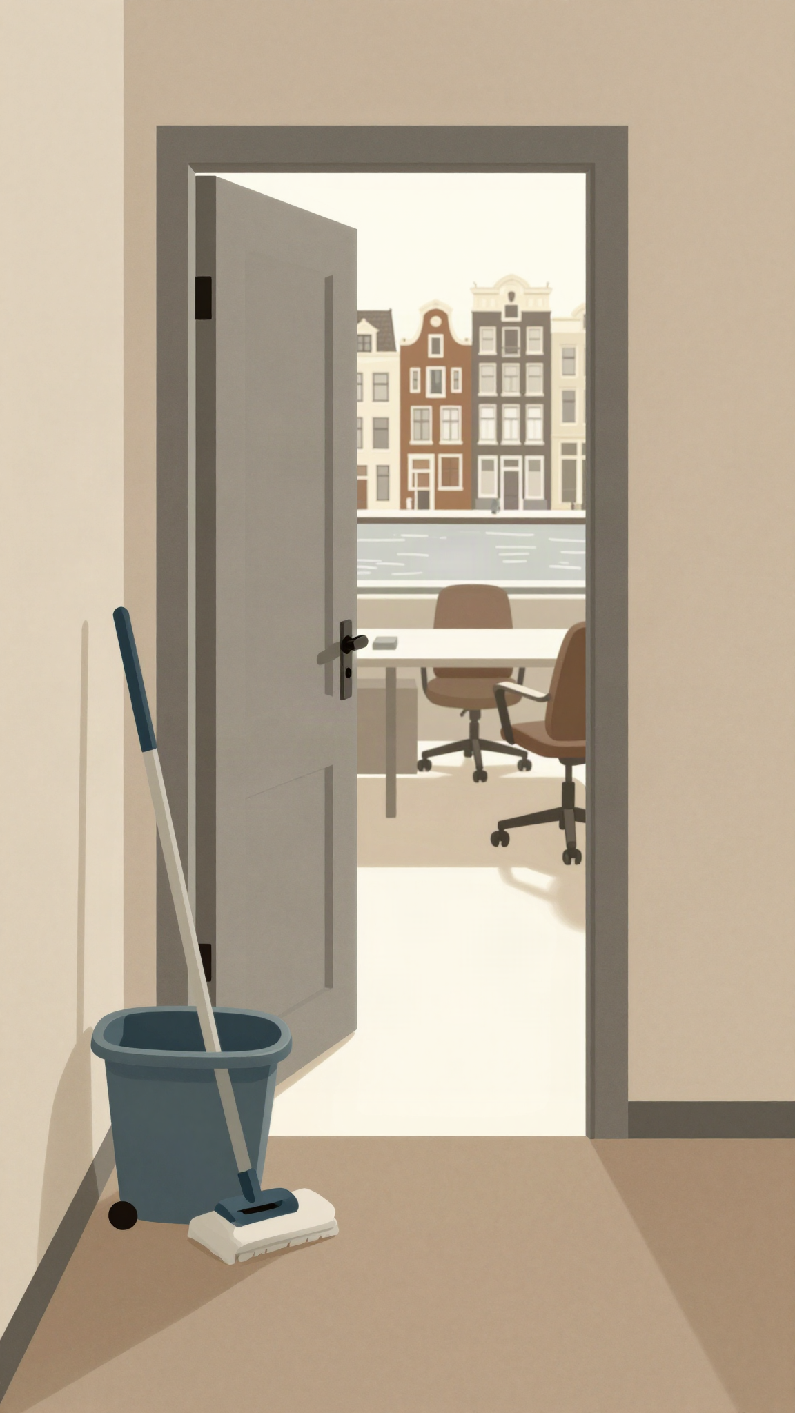 Illustration : un chariot de ménage devant un bureau de direction, à Amsterdam