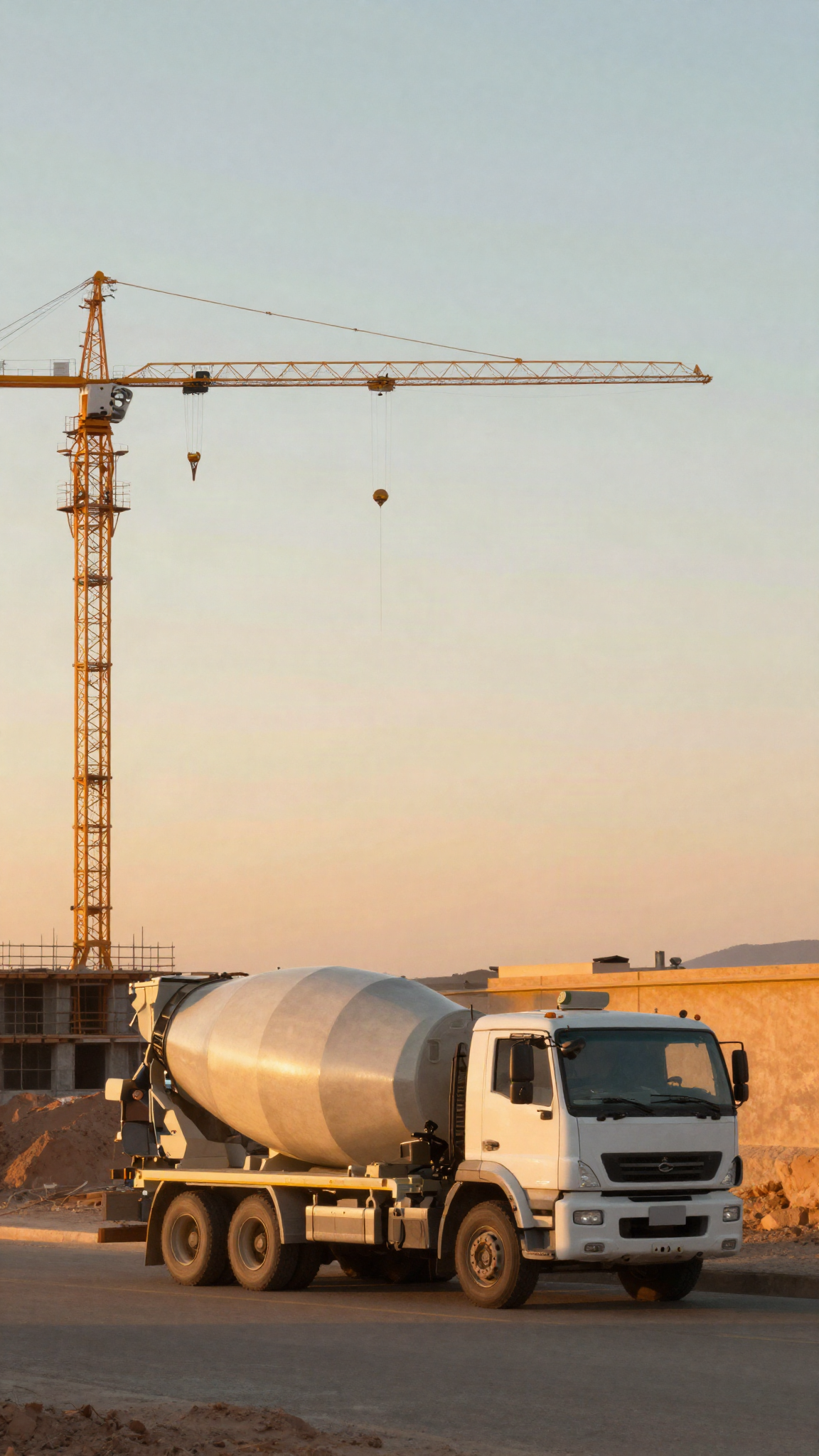 Illustration : camion toupie sur un chantier à l'aube