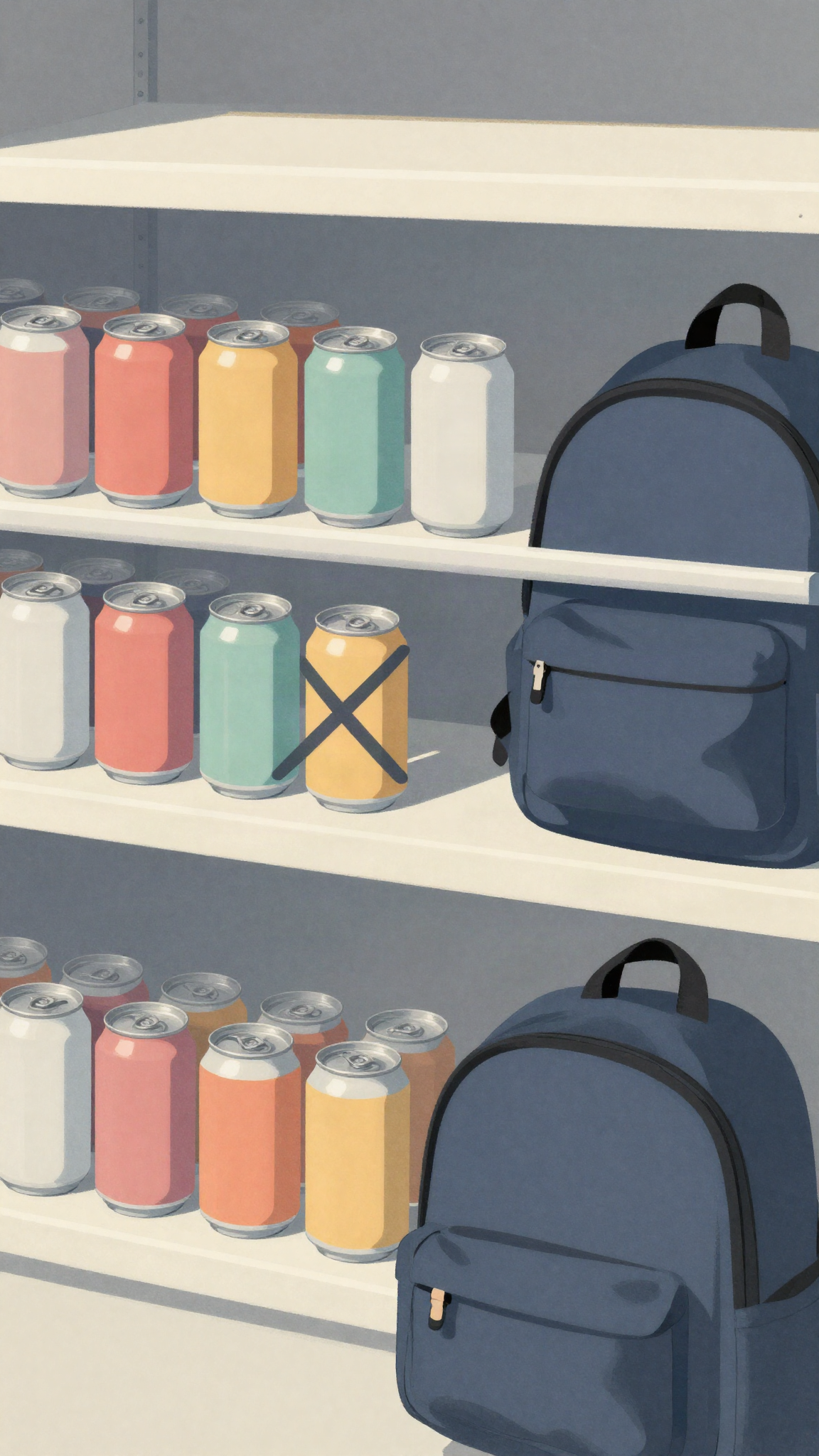 Canettes sans marque sur une étagère, à côté d'un cartable (illustration)