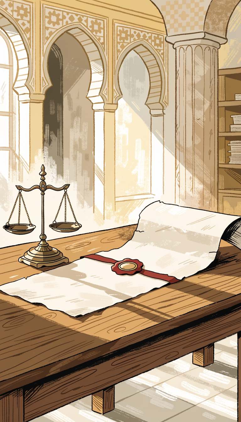 Illustration : document scellé et balance de la justice sur un bureau