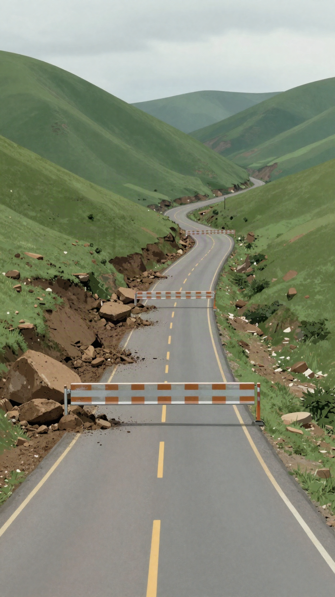 Route de montagne fermée après des inondations (illustration)