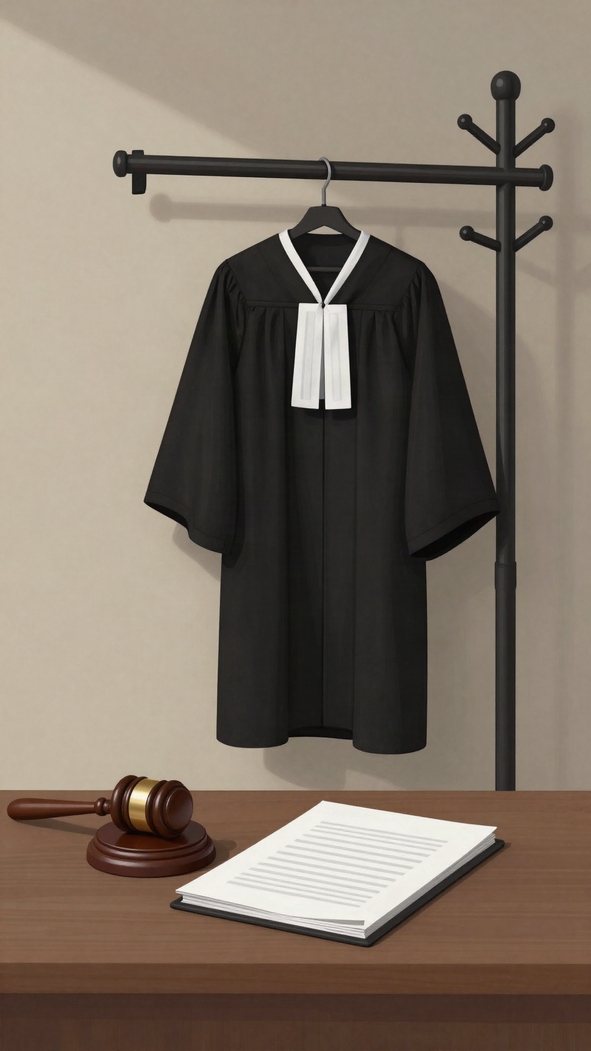 Illustration : une robe de magistrat, un marteau et des papiers tamponnés