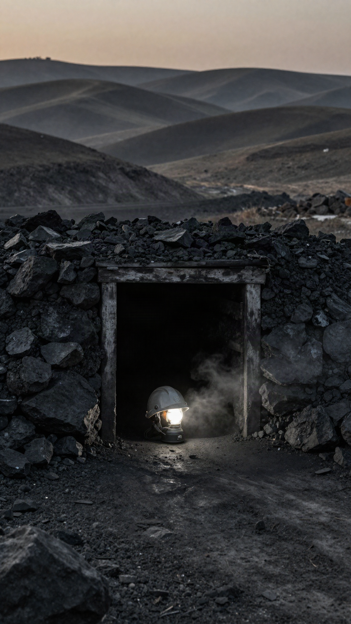 Illustration : un casque de mineur devant l'entrée d'une mine