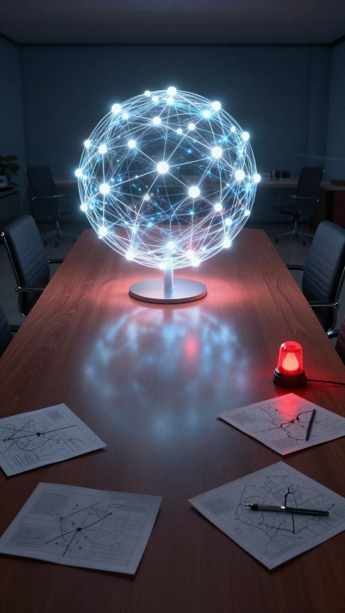 Illustration : une salle de réunion de nuit autour d'une sphère de réseau neuronal