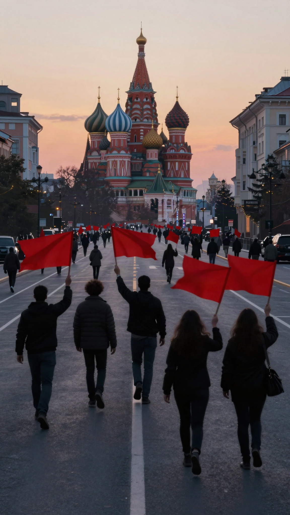Silhouettes d'une foule avec des drapeaux rouges sur une avenue au crépuscule