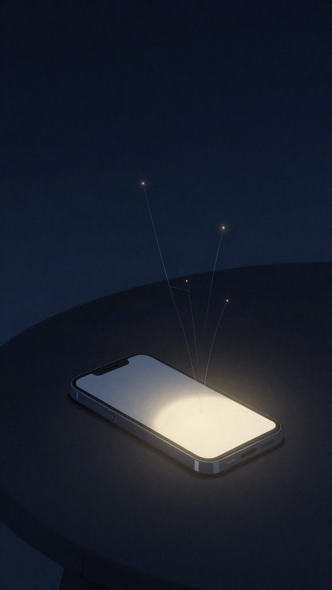 Un téléphone dans l'ombre, relié par des fils de lumière