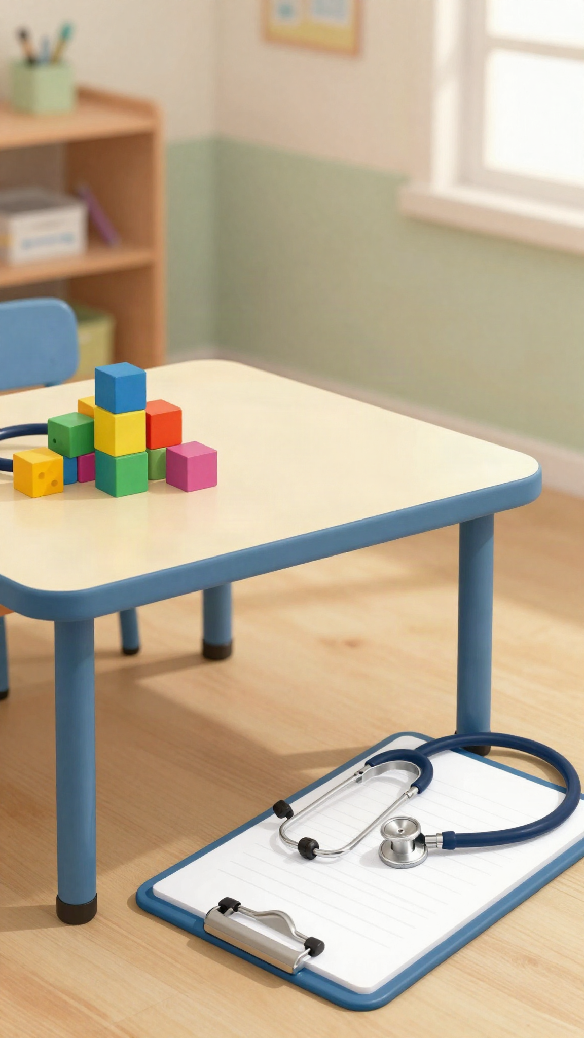 Table de classe maternelle et stéthoscope, illustration