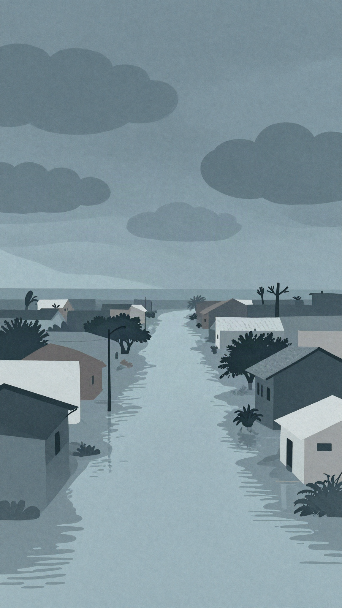 Rue inondée sous un ciel de pluie, illustration