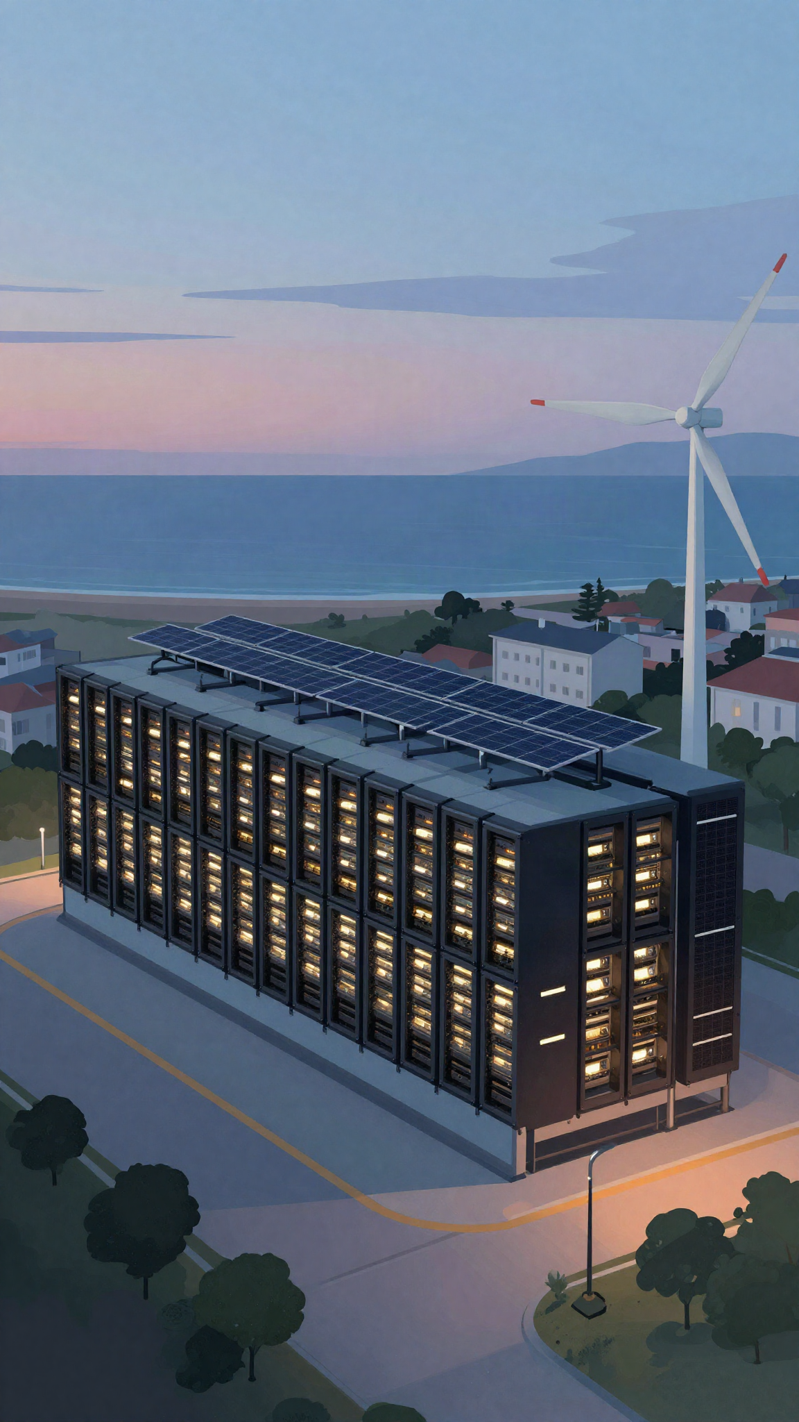 Un centre de données alimenté par le solaire et l'éolien, illustration