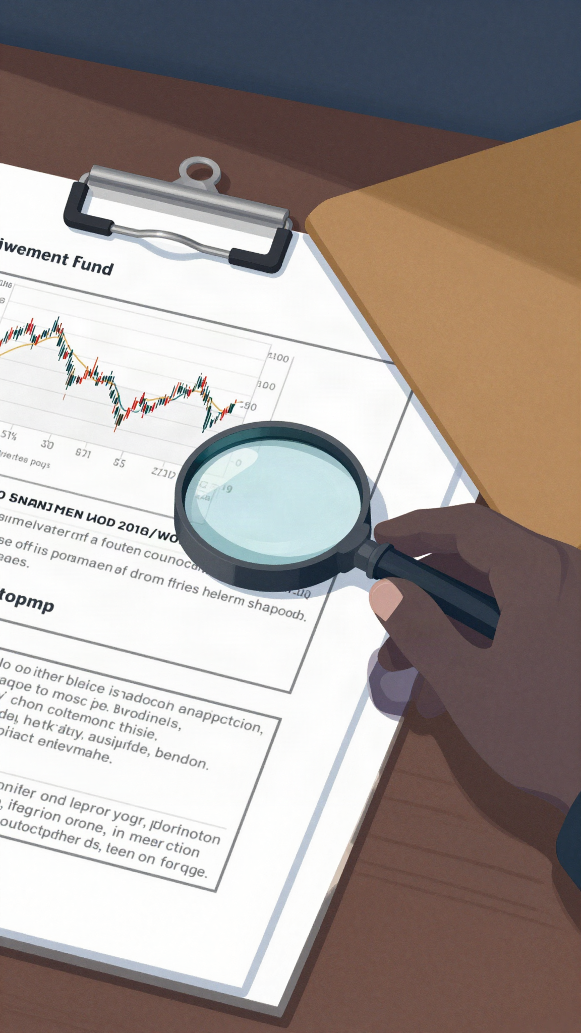 Illustration de dossiers financiers et d'un graphique boursier
