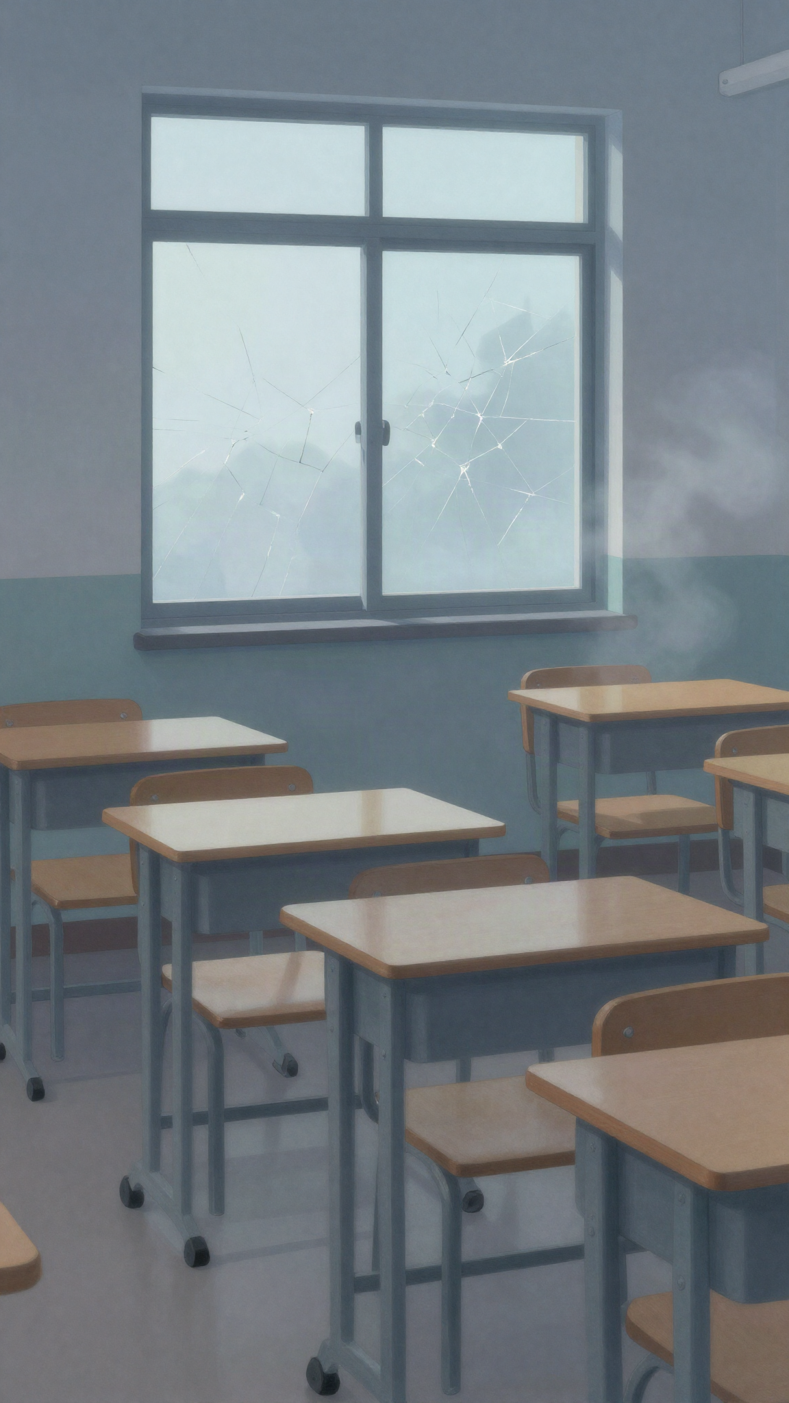 Illustration : une salle de classe vide aux vitres brisées