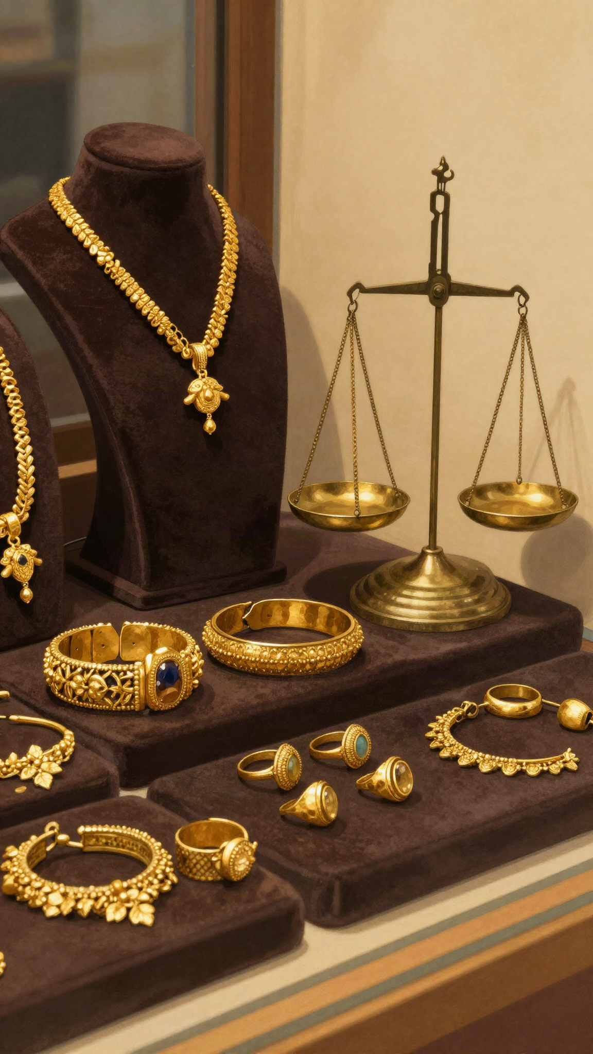Illustration : bijoux en or dans une vitrine de bijoutier