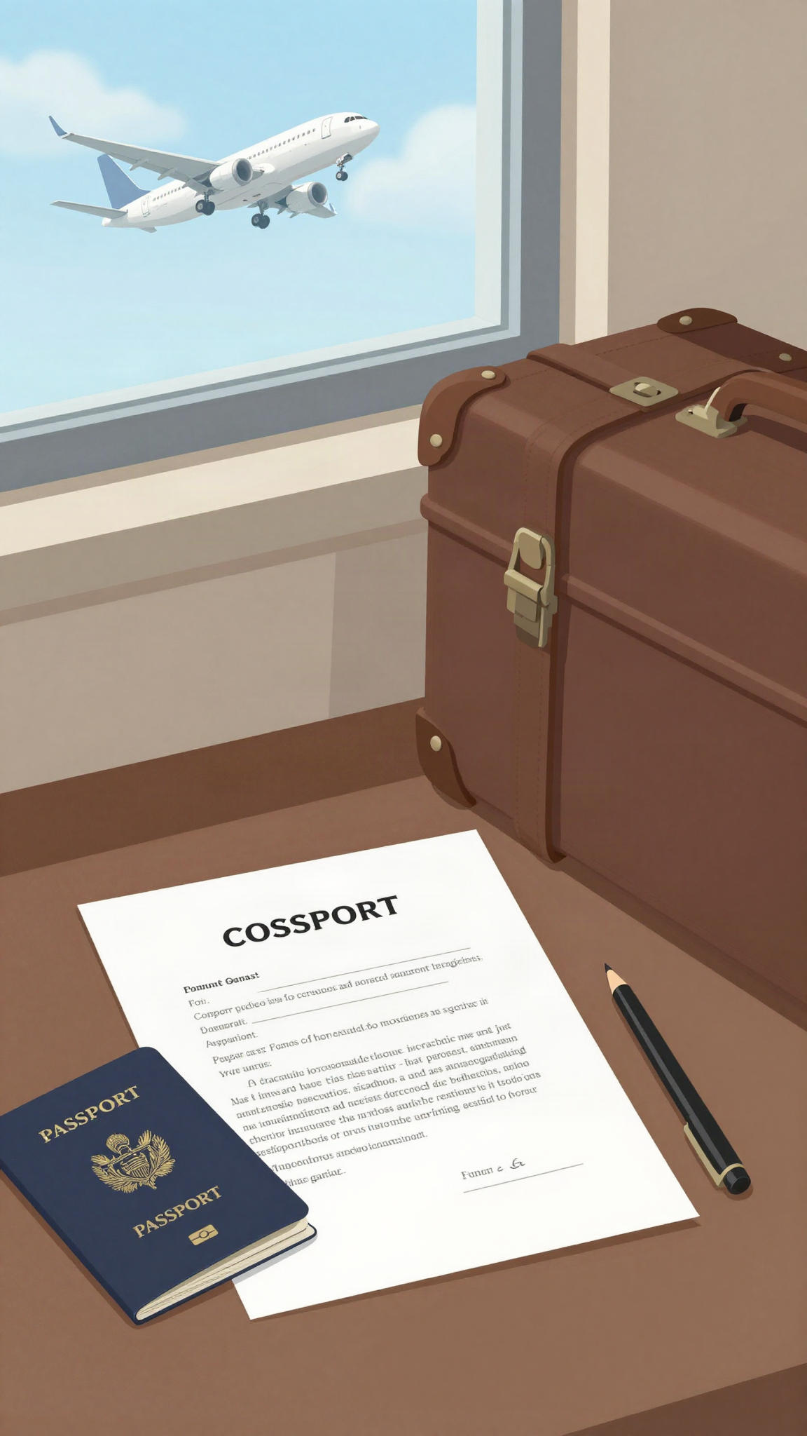 Illustration : valise, passeport et contrat non signé, avion dans la fenêtre