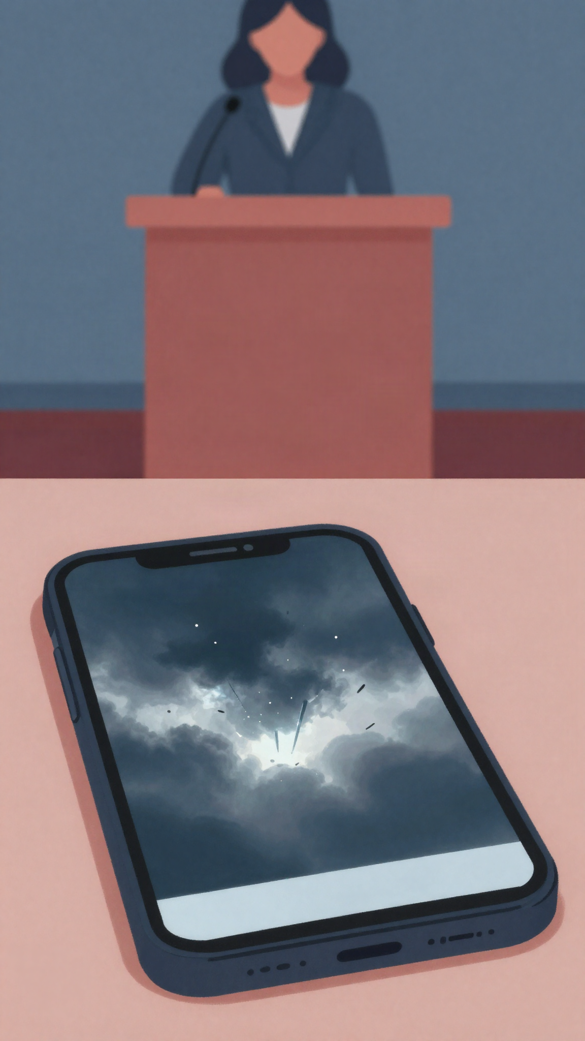 Illustration : une candidate à la tribune et un téléphone sous l'orage