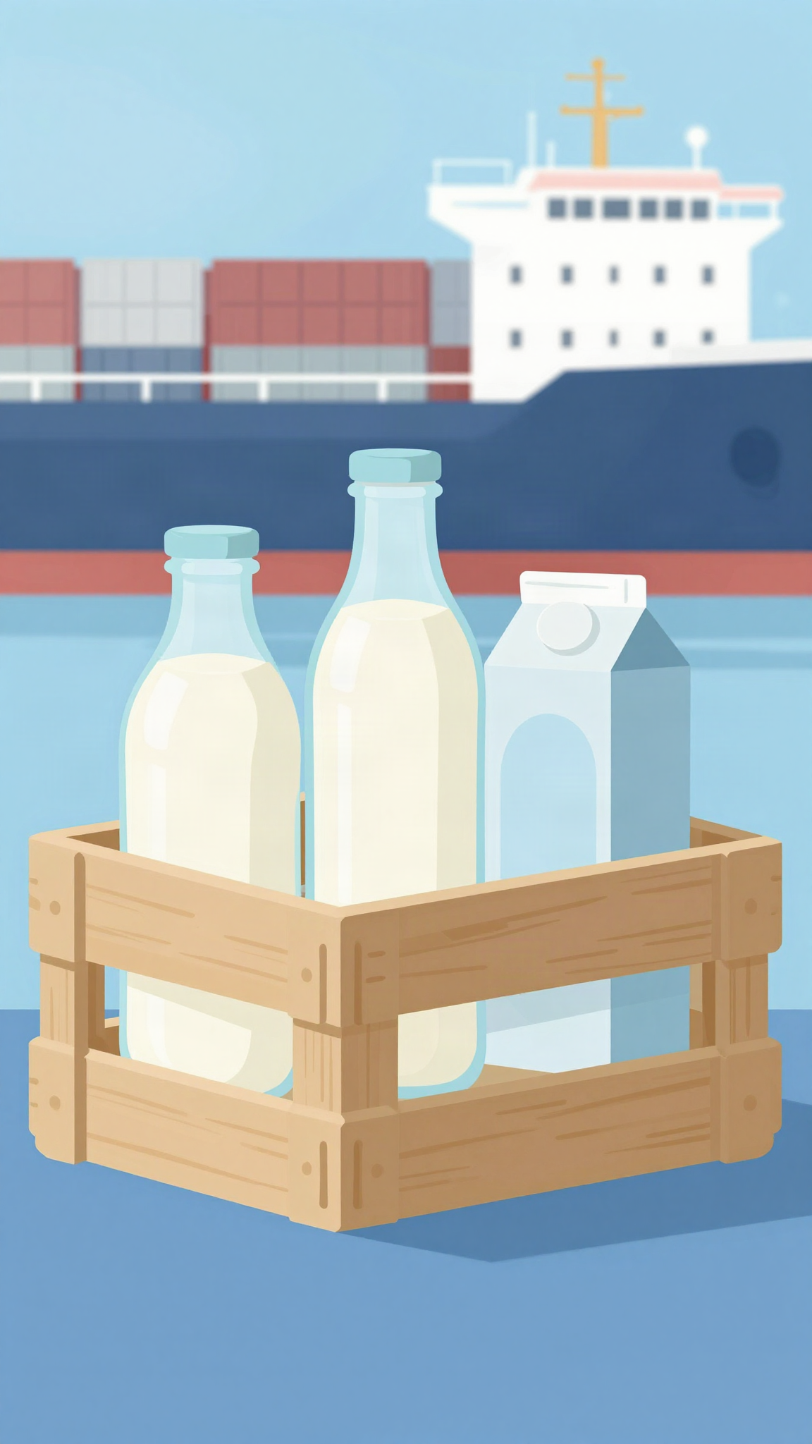 Bouteilles de lait devant un cargo, illustration
