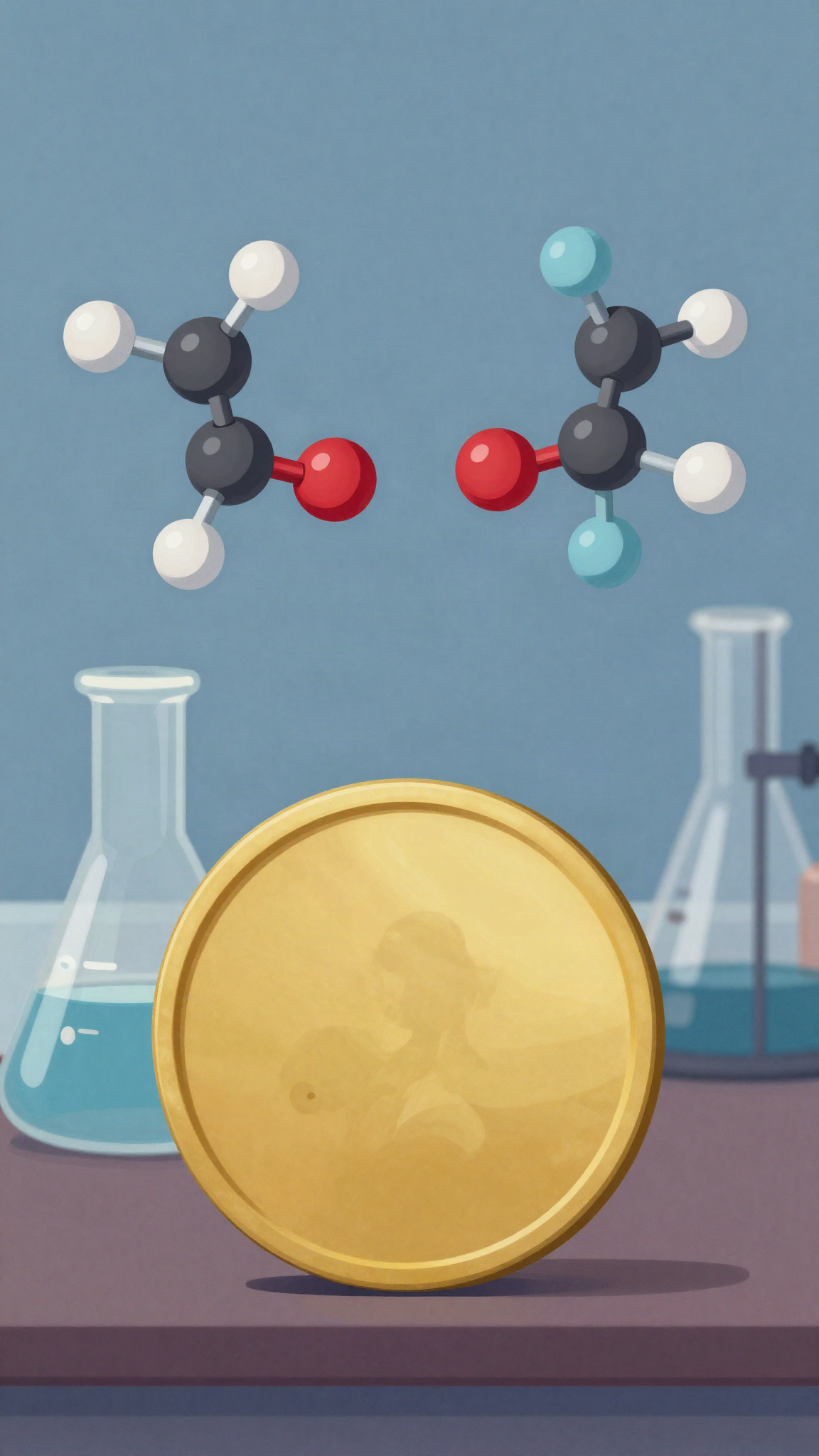 Illustration : deux molécules en miroir au-dessus de verrerie de laboratoire
