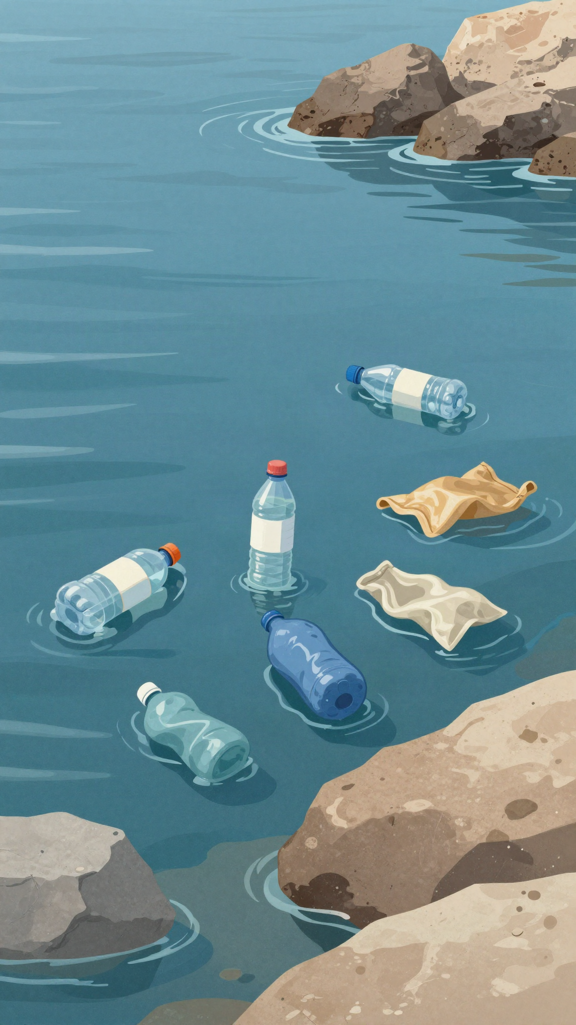 Illustration : des bouteilles en plastique flottant près d'une côte rocheuse
