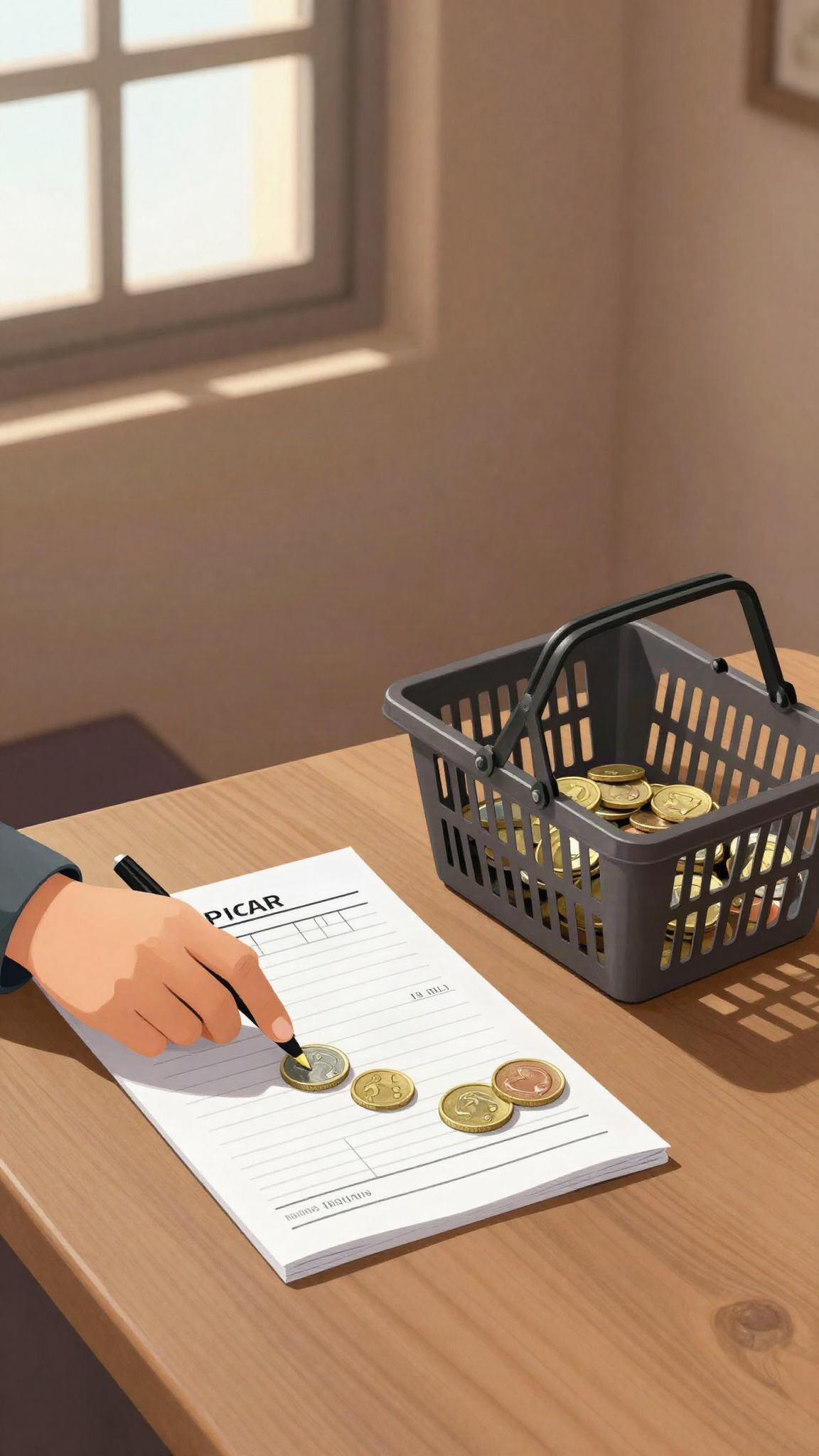 Illustration : fiche de paie, pièces et panier vide sur une table