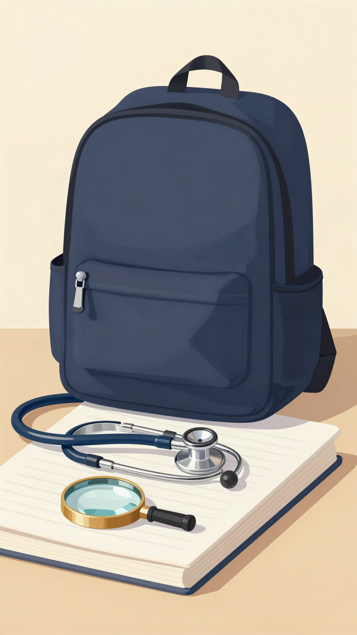 Cartable d'étudiant, stéthoscope et registres sous une loupe, illustration