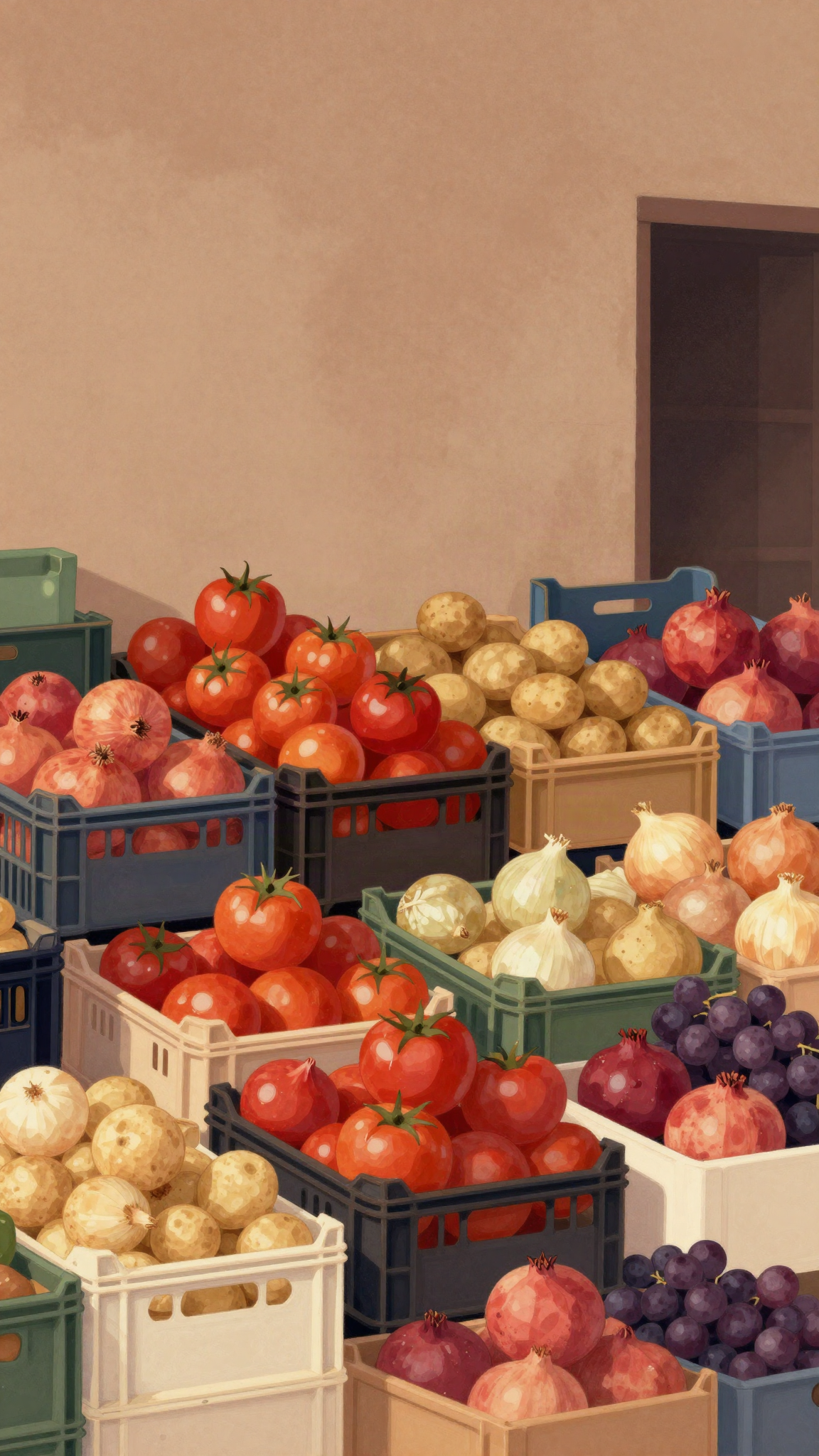 Illustration : cagettes de tomates, oignons, grenades et raisin au marché