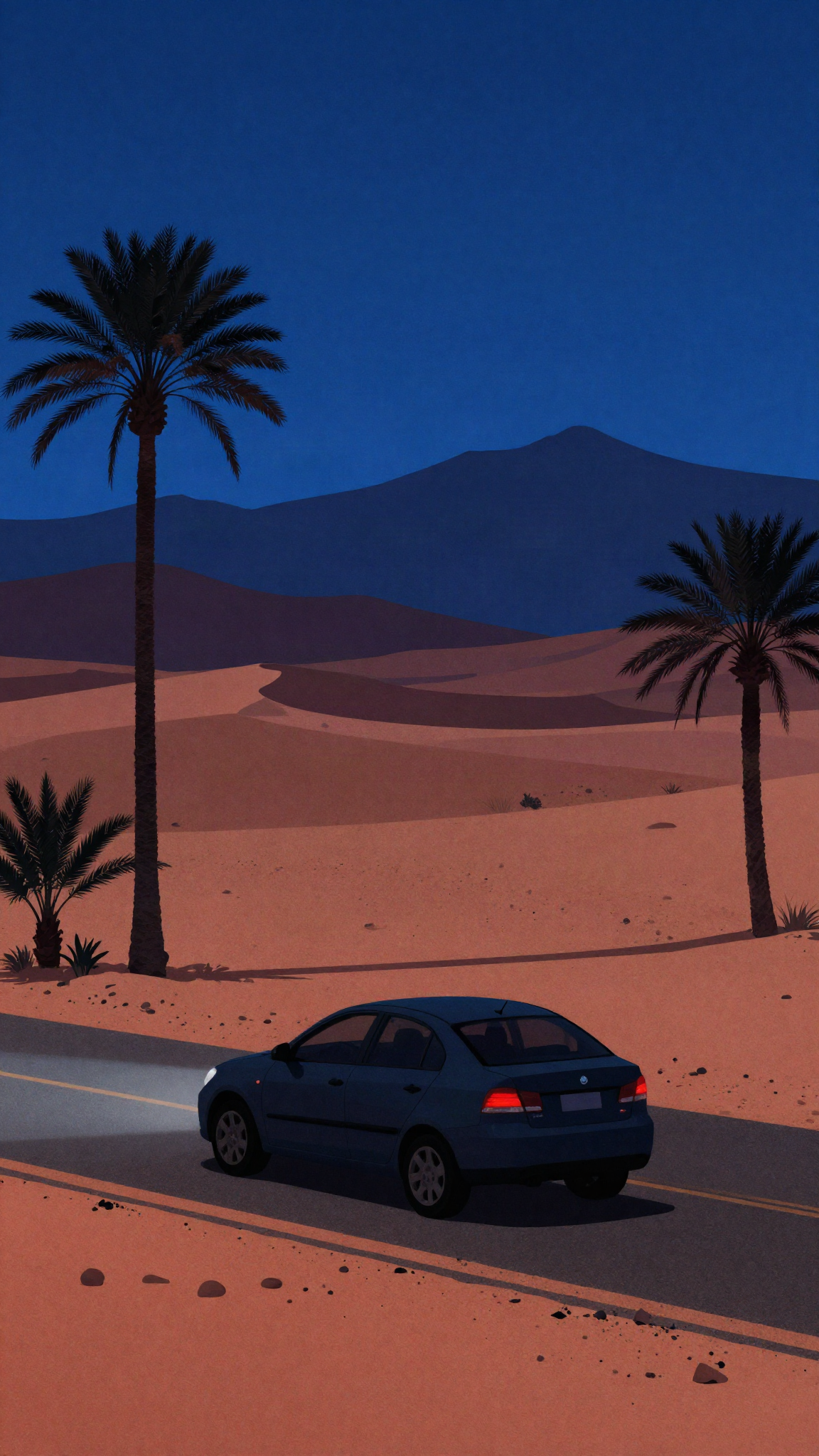 Illustration : une voiture arrêtée la nuit sur une route près de Marrakech
