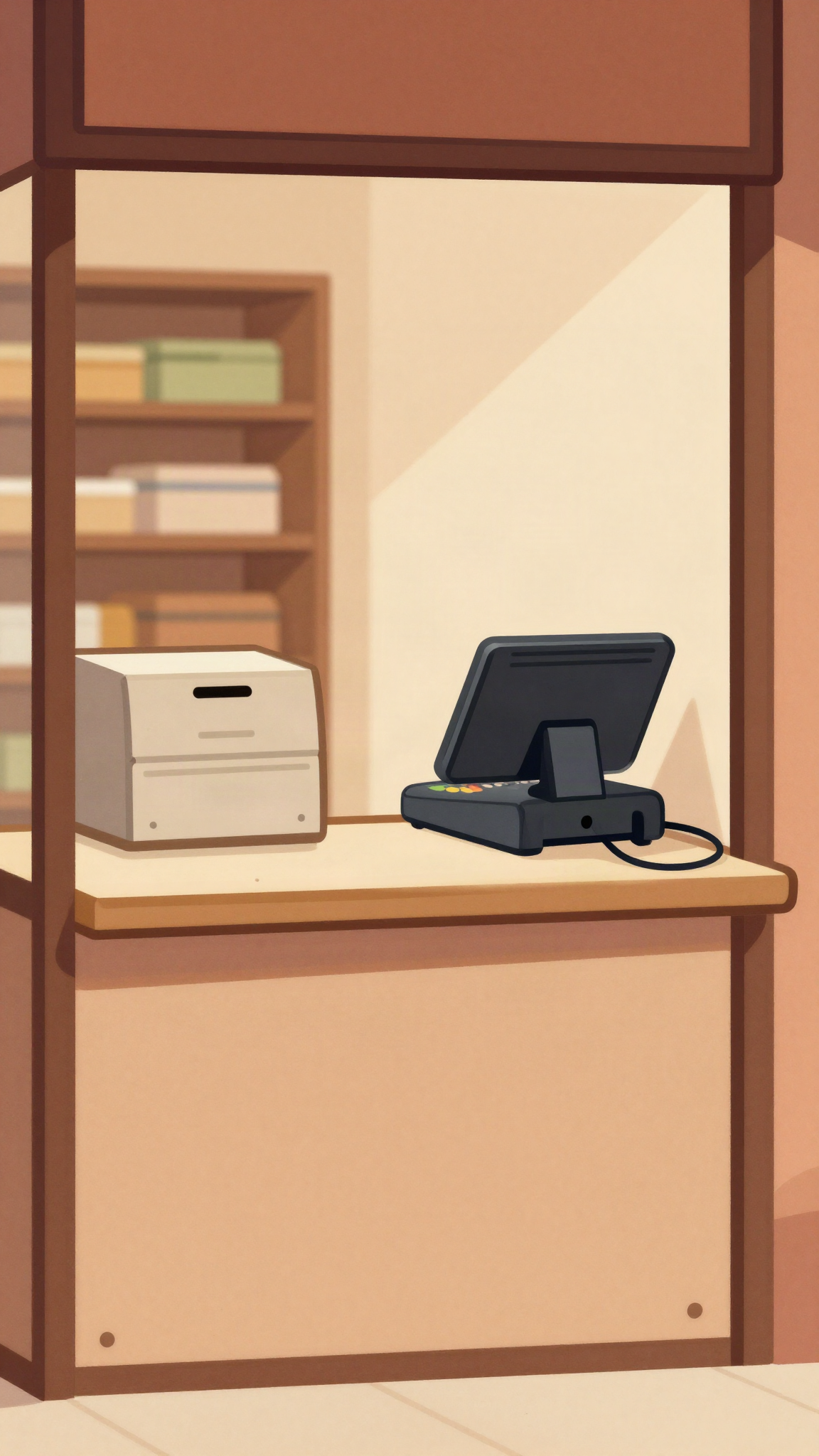 Illustration : comptoir d'une épicerie de quartier avec un terminal de paiement