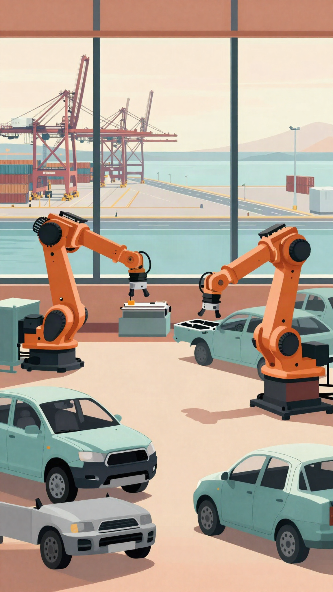 Illustration : une usine automobile et un port à conteneurs