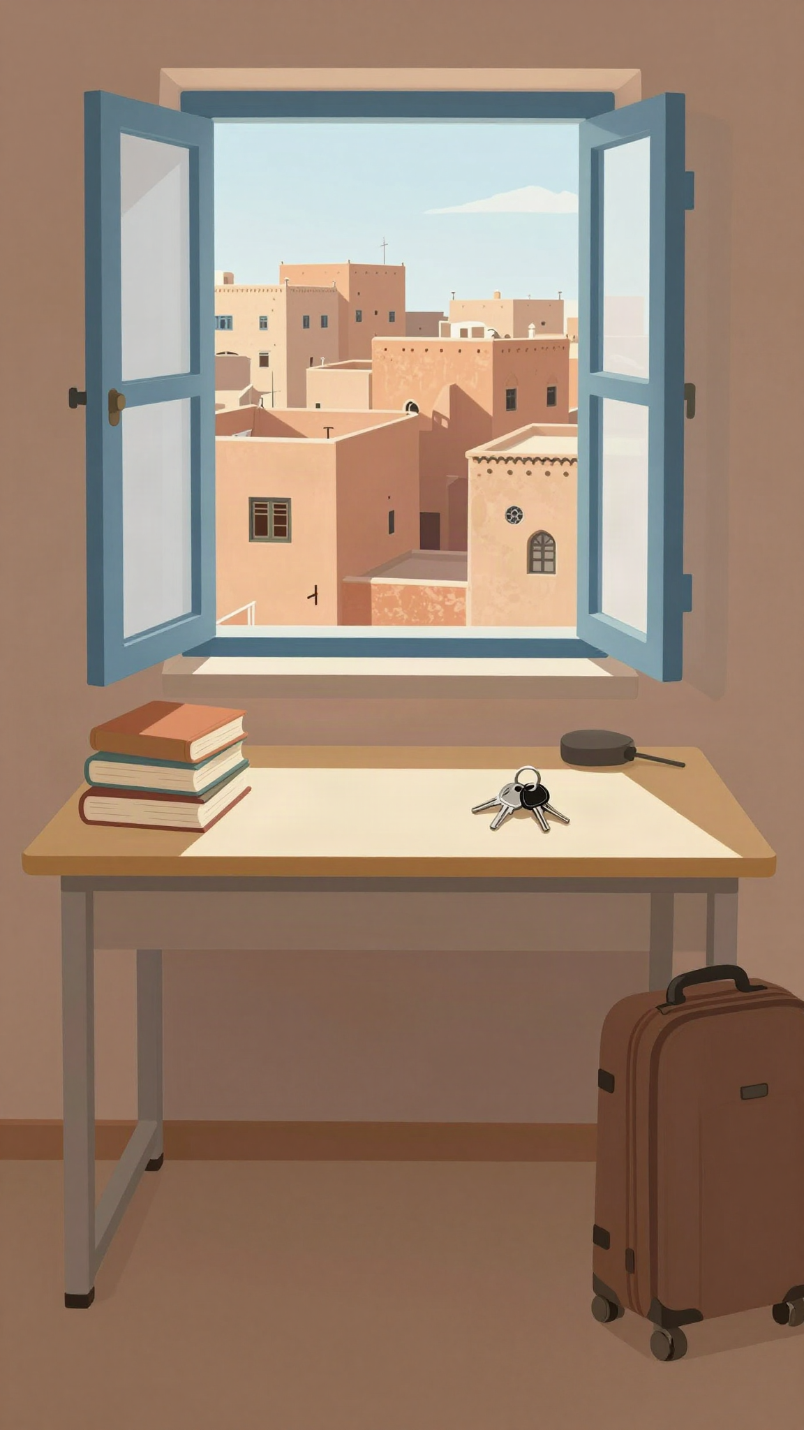 Illustration : une chambre d'étudiant avec des livres et une valise