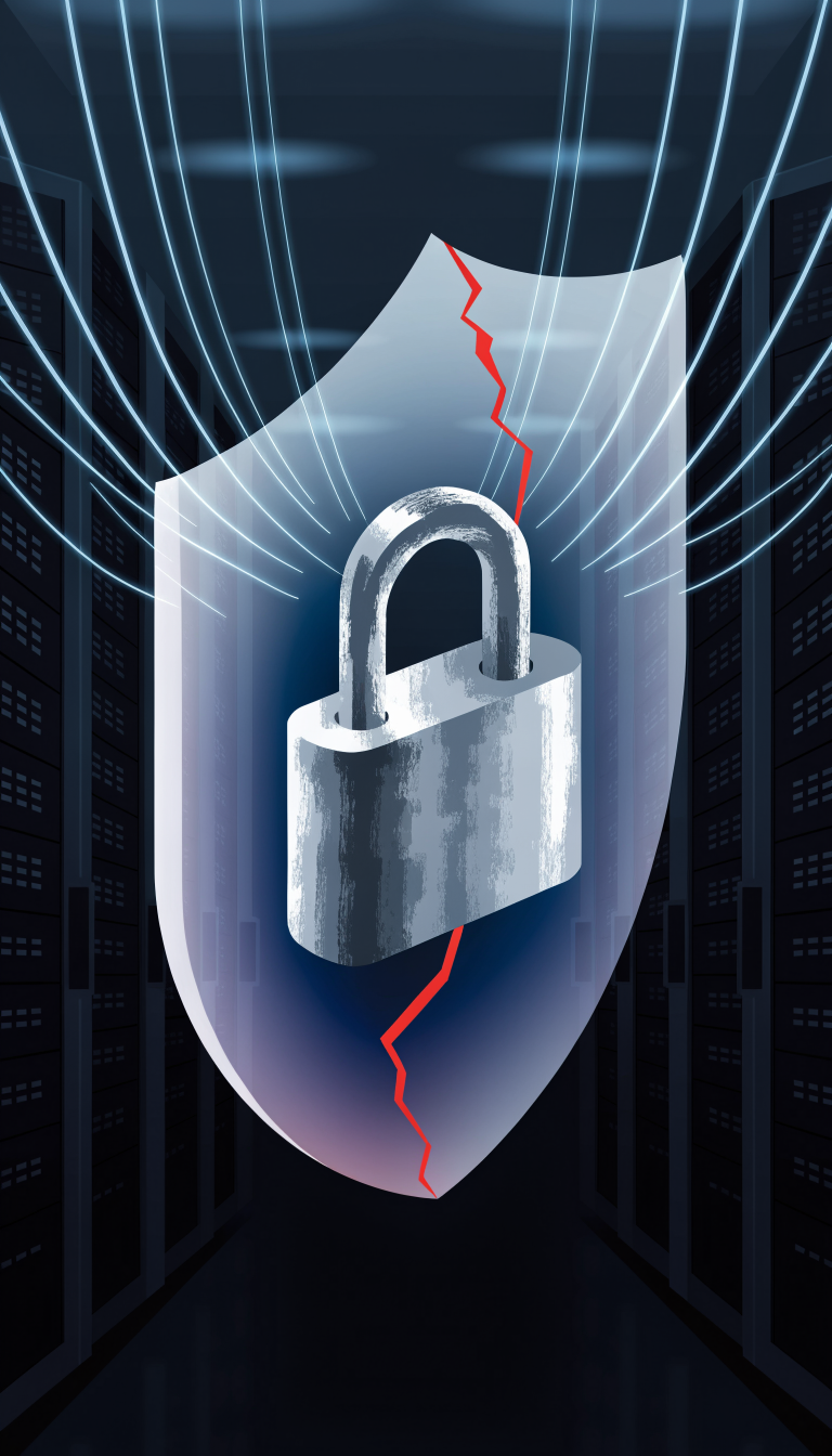 Un cadenas sur un bouclier fissuré dans une salle de serveurs, illustration