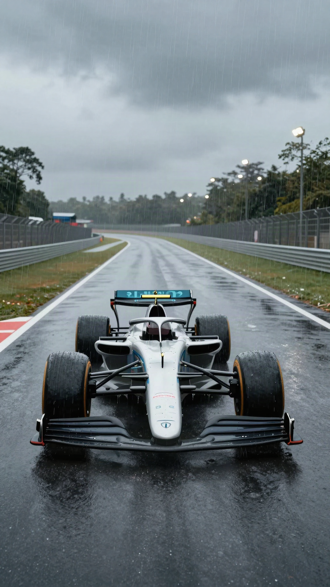 Piste de F1 détrempée sous la pluie, illustration