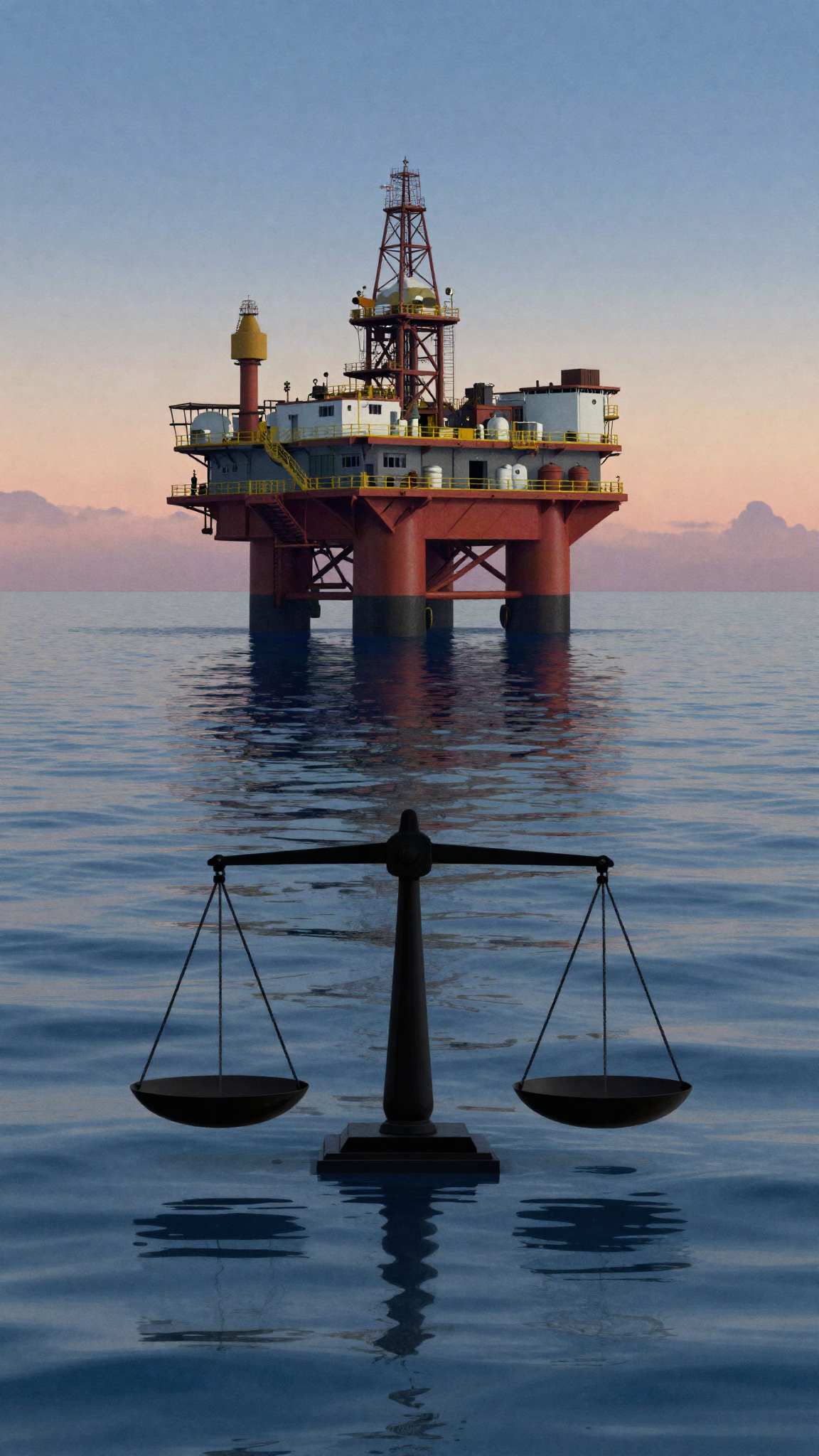 Illustration : plateforme pétrolière en mer et balance de la justice