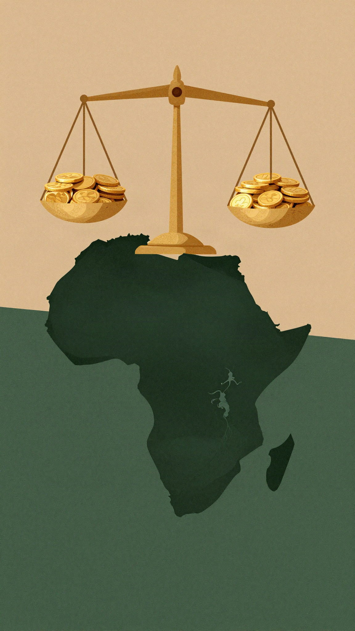 Illustration d'une balance de pièces d'or au-dessus de l'Afrique