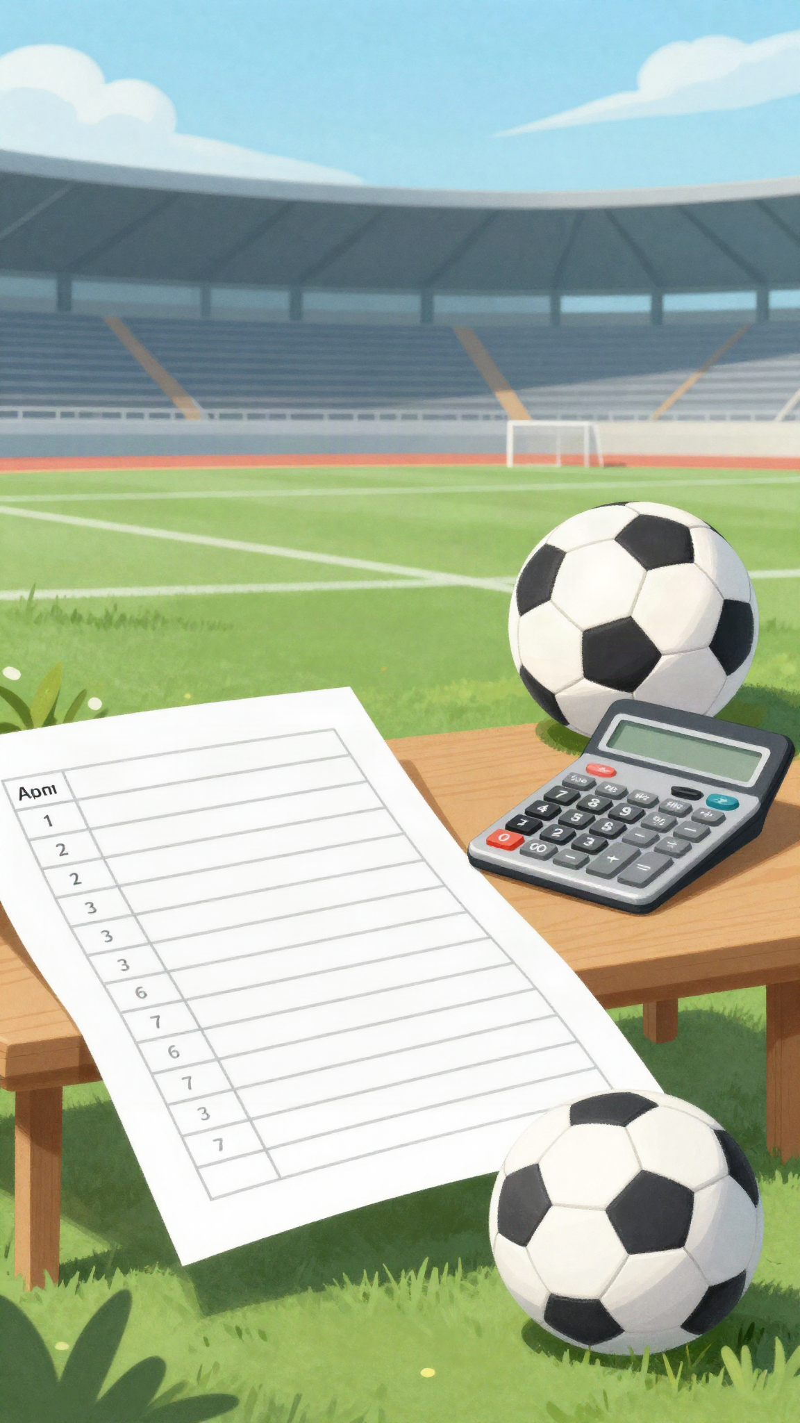Illustration : un document de comptes et un ballon, tribune vide