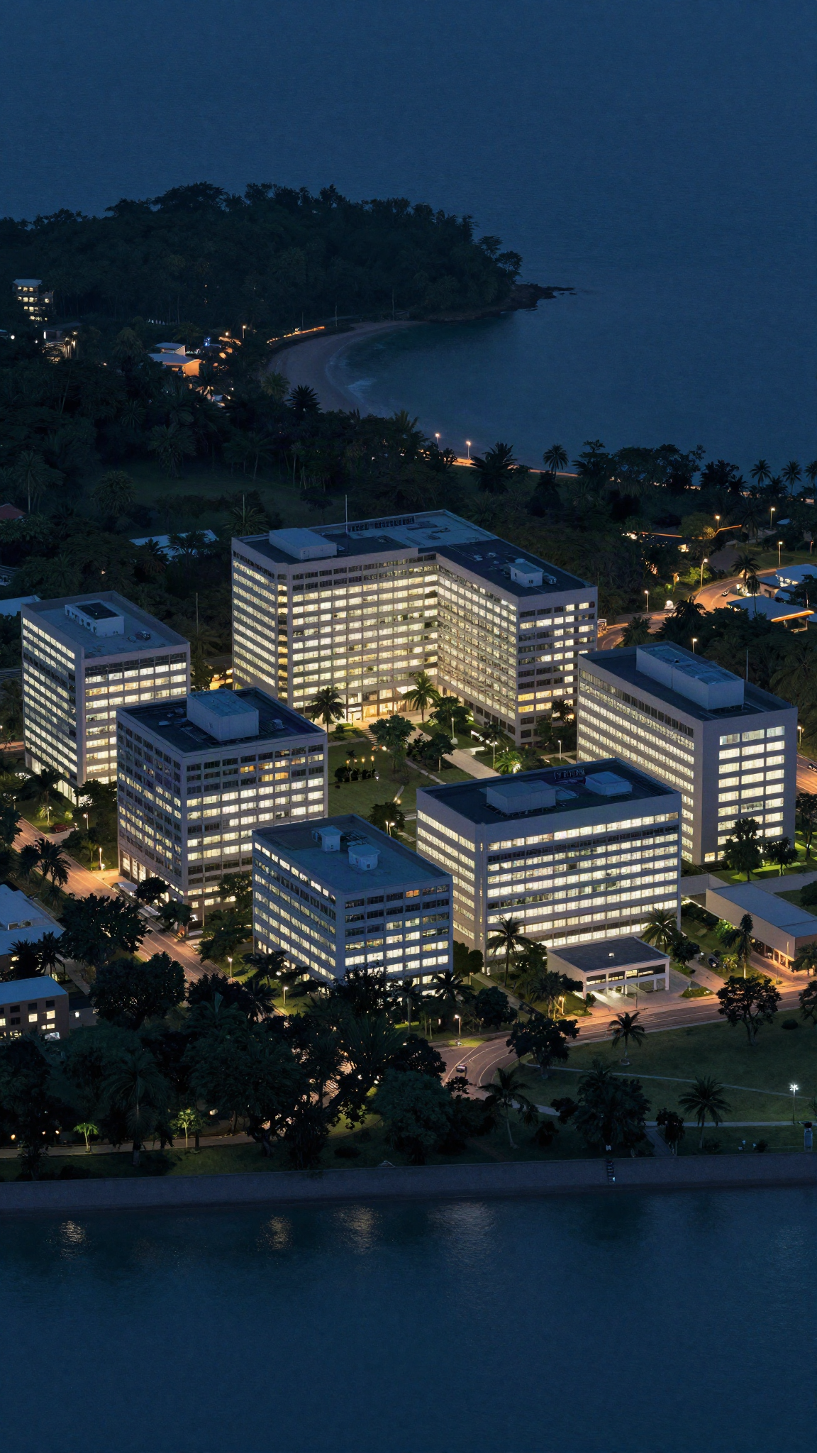Complexe de bureaux la nuit, illustration