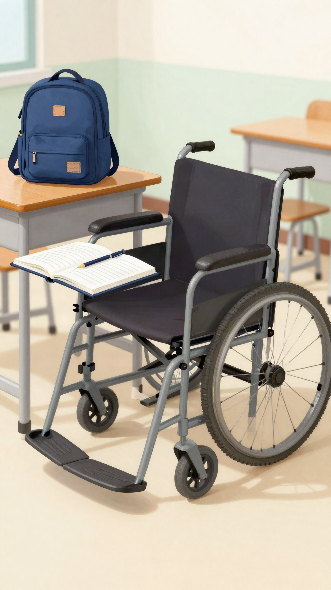 Illustration : un fauteuil roulant près d'un pupitre d'école