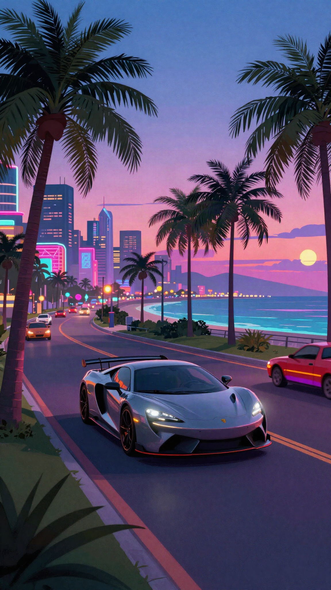 Ville tropicale au néon façon jeu vidéo, illustration