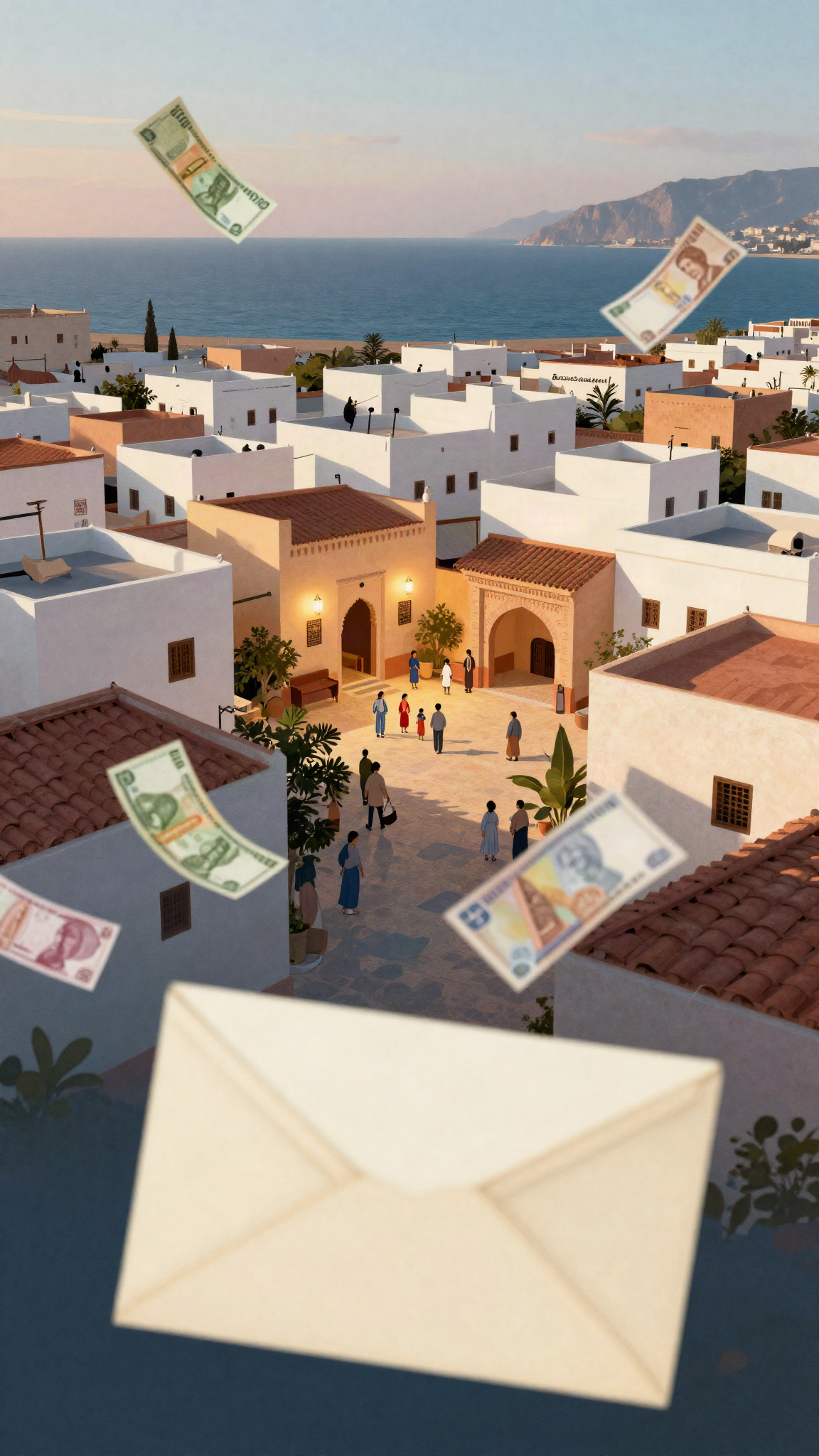 Illustration : de l'argent envoyé d'Europe vers une ville marocaine