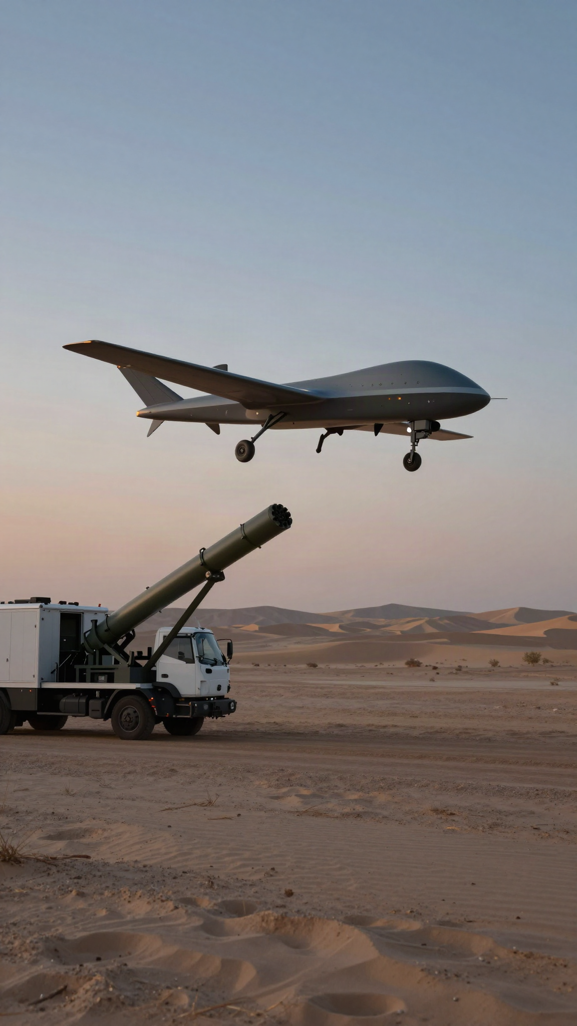 Illustration : un drone de frappe lancé depuis un lanceur mobile dans le désert