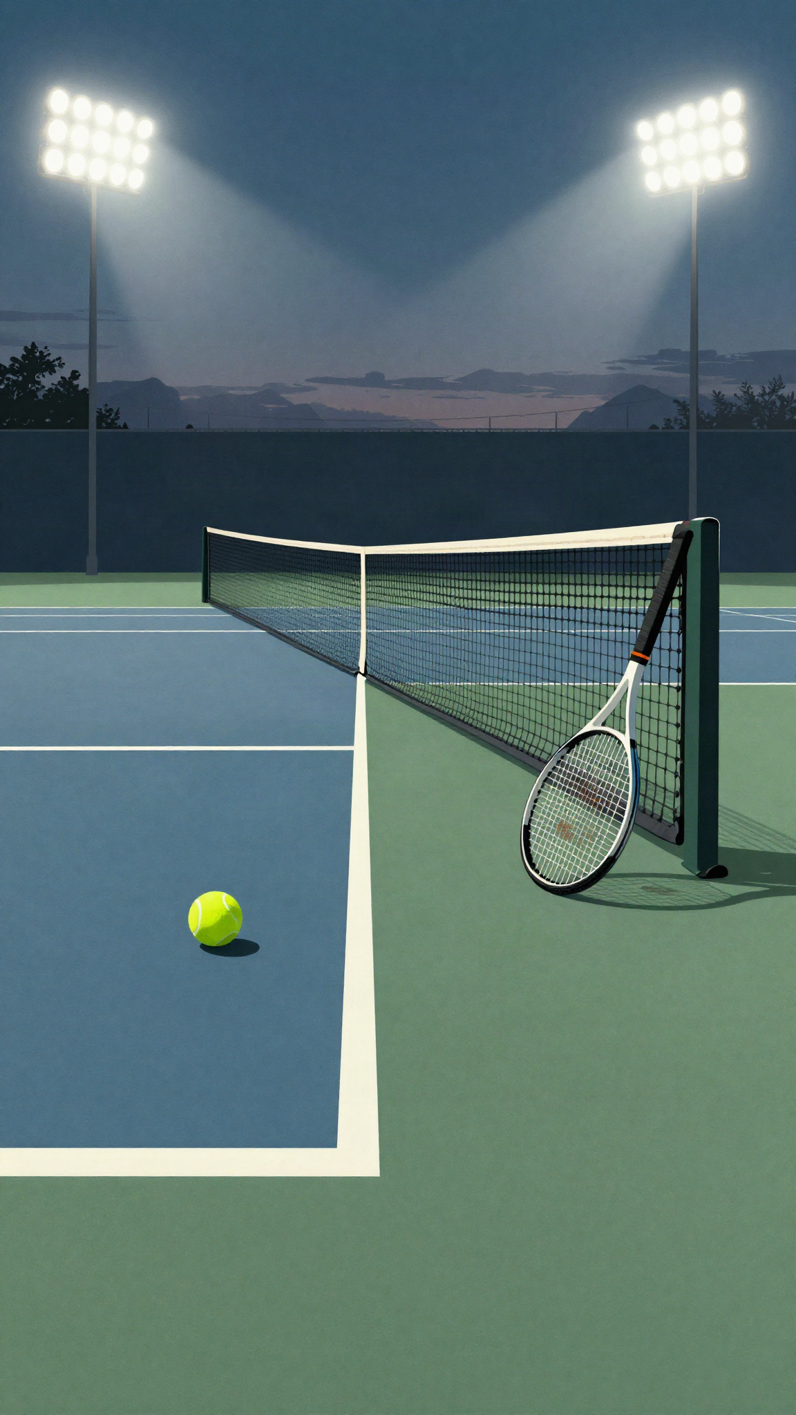Illustration : une balle et une raquette sur un court de tennis