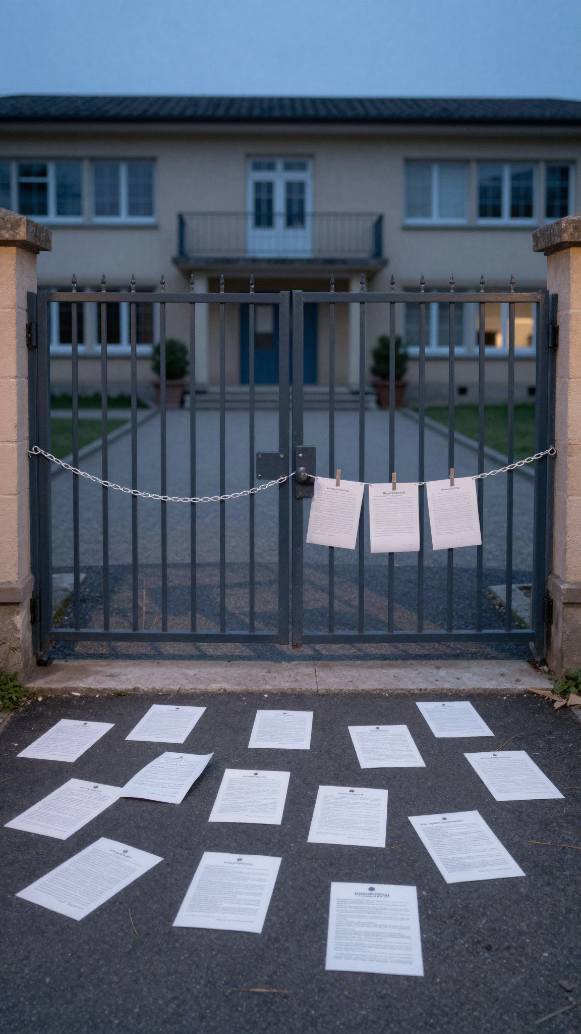 Portail fermé d'un lycée, pancartes au sol (illustration)