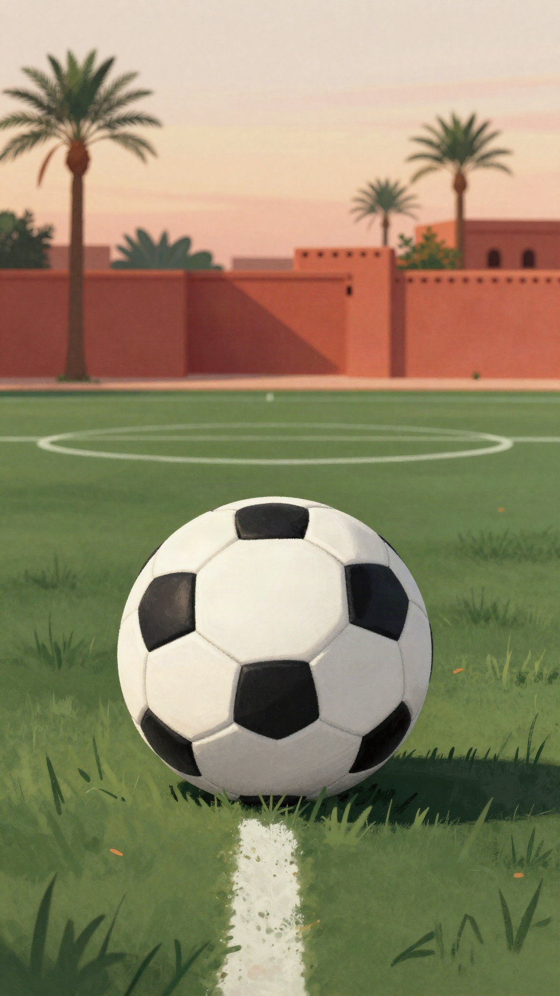 Illustration : un ballon sur un terrain à Marrakech au crépuscule