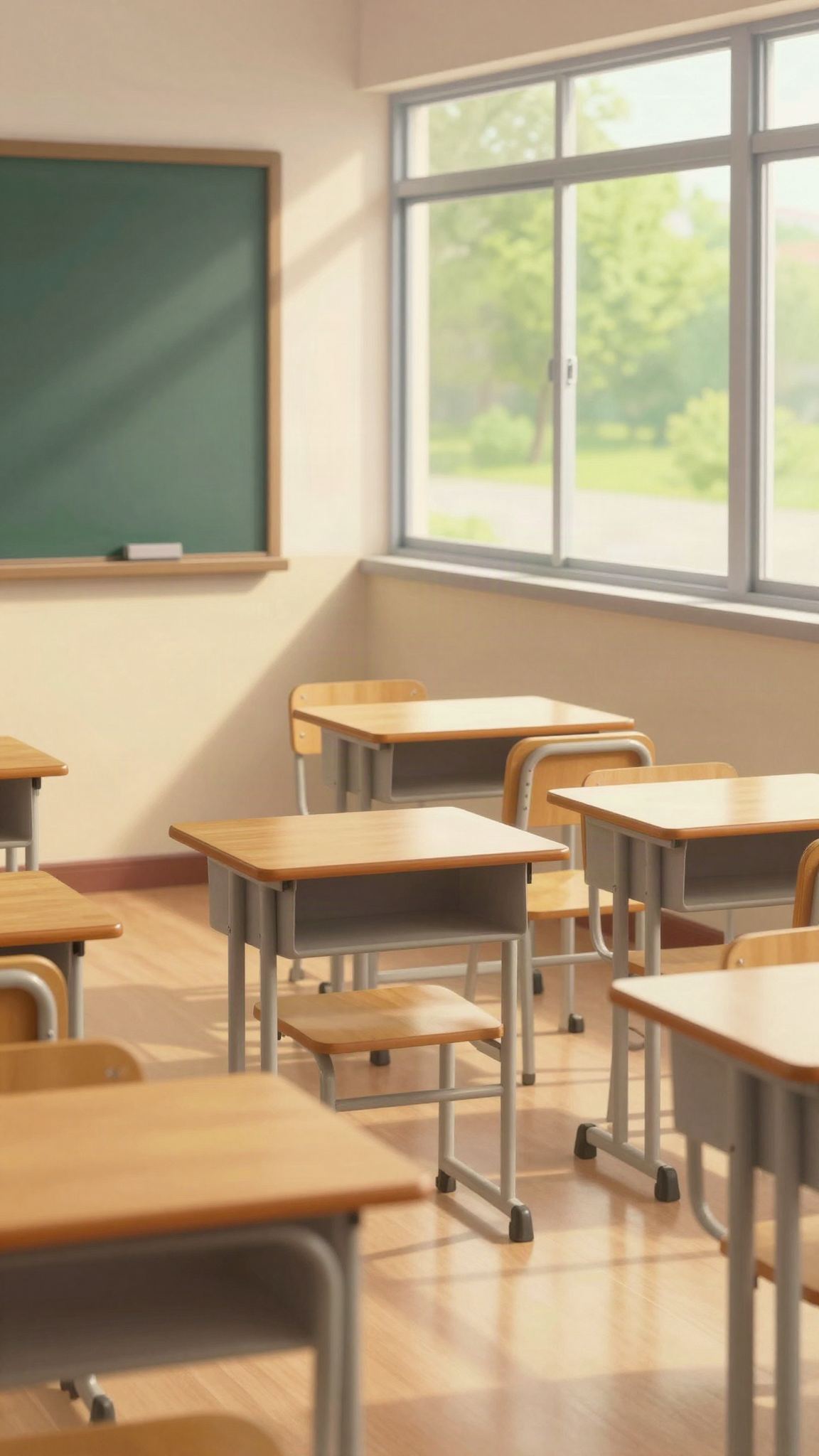 Illustration : une salle de classe vide baignée de lumière