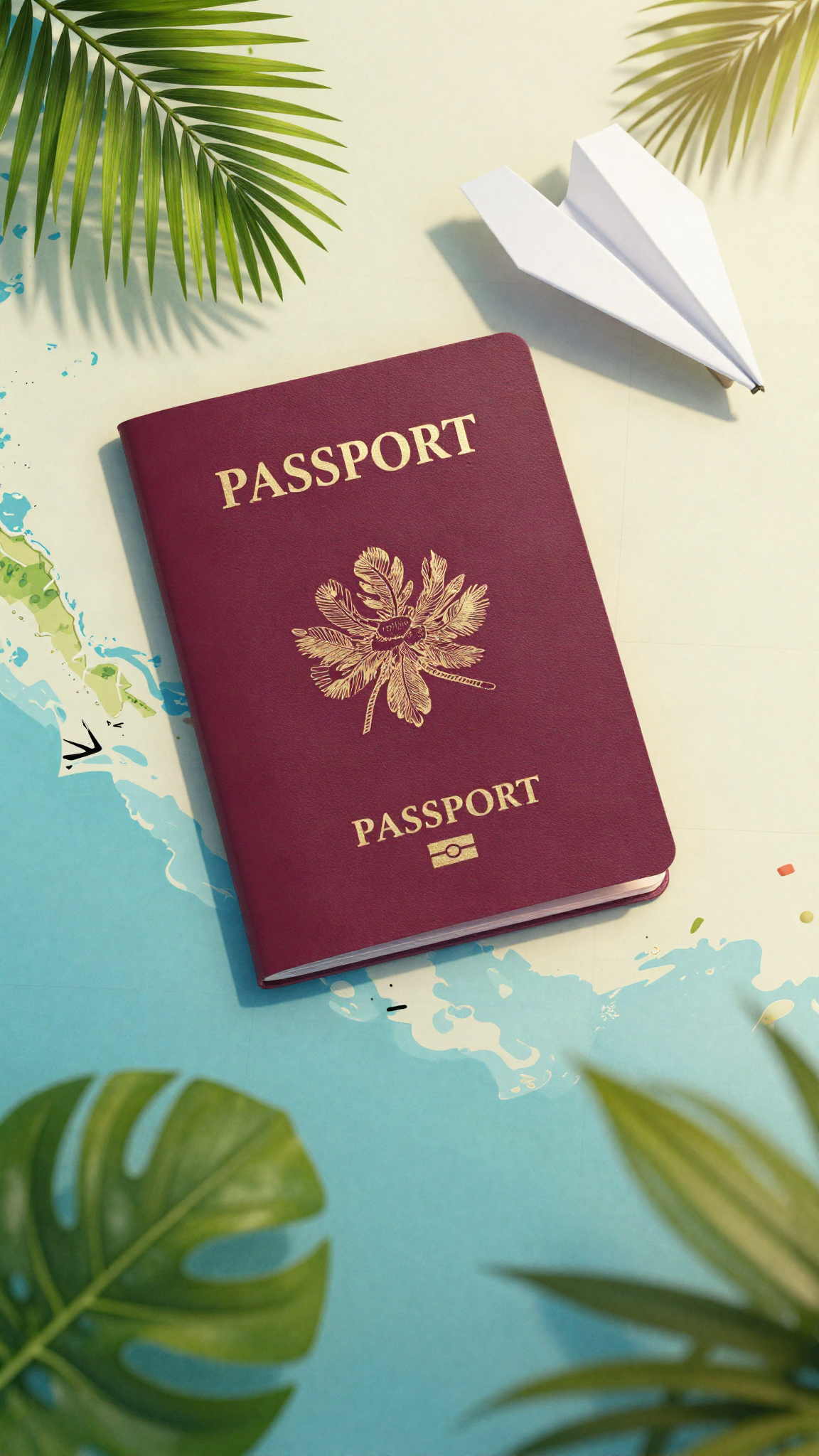 Un passeport et un avion en papier au-dessus d'un archipel